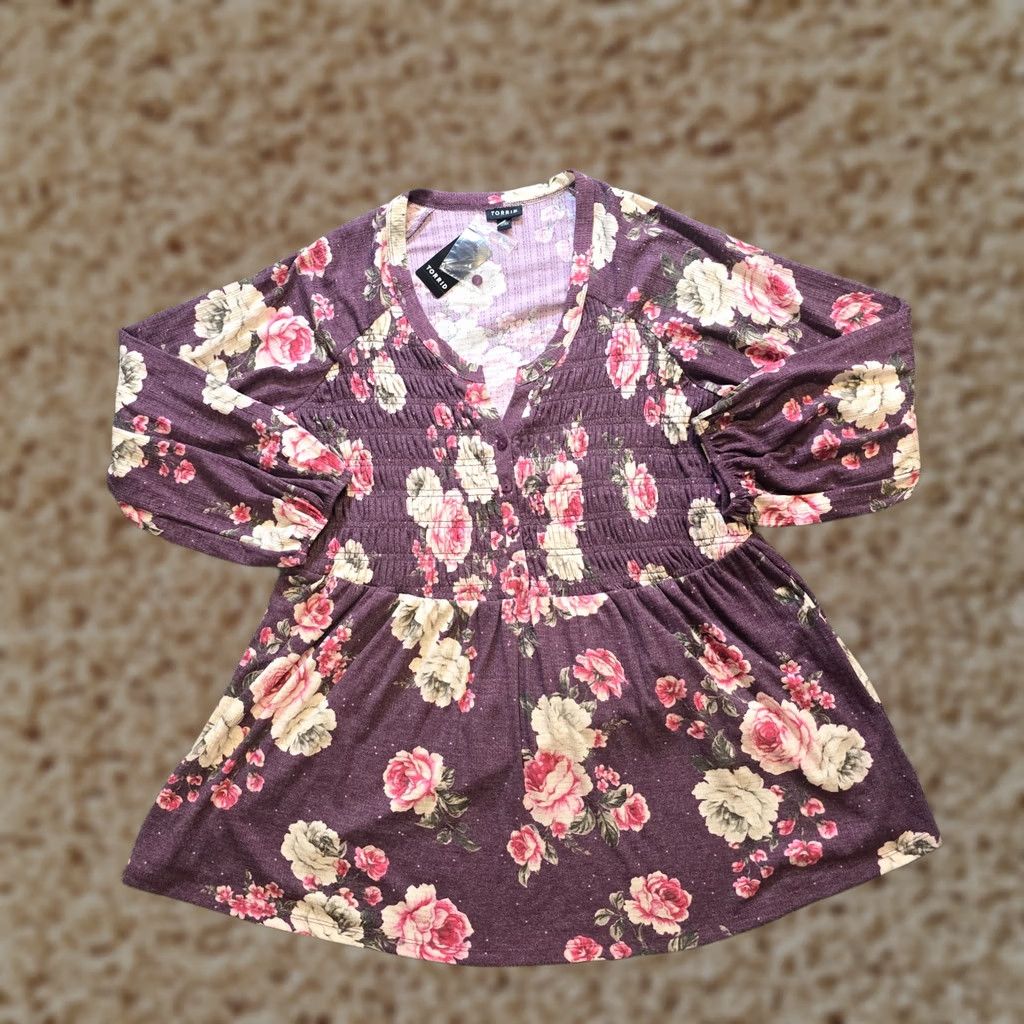 Torrid Torrid Top Womens Size 1X Purple Pink Floral A Line Shirred Soft Stretch Casual Shirt V-Neck Long Sleeve Polo Pullover Blouse Size XL / US 12-14 / IT 48-50 - 1 Thumbnail
