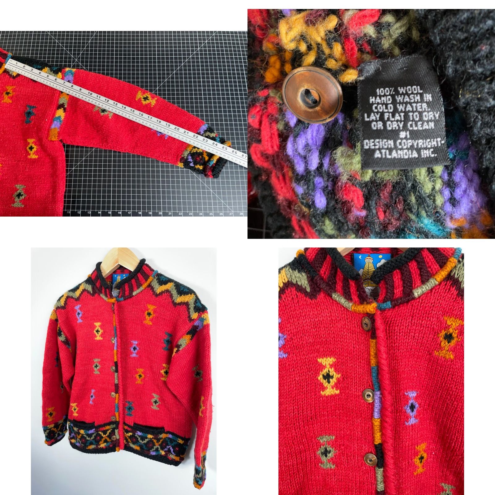 Vintage VINTAGE Icelandic Design Cardigan Women’s Small/Medium Red Geometric Knit Wool Crew Neck Long Sleeve Size M / US 6-8 / IT 42-44 - 8 Thumbnail