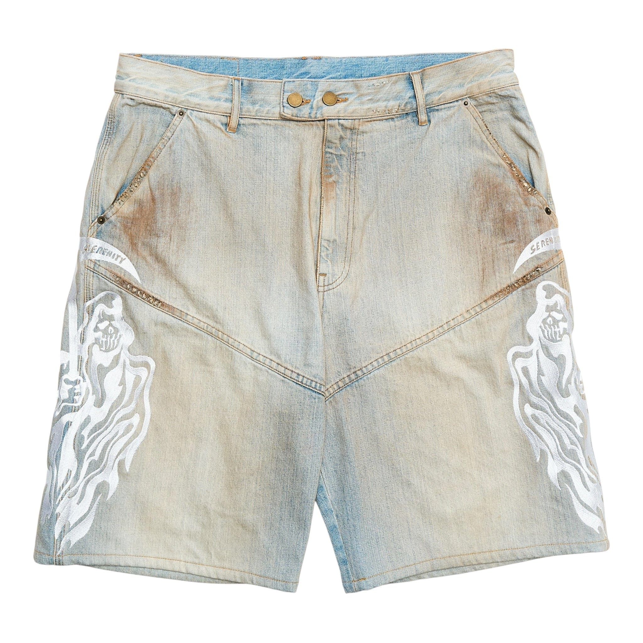 Warren Lotas Embroidered Reaper Moto Denim Shorts Dirty Indigo Size US 30 / EU 46 - 1 Thumbnail