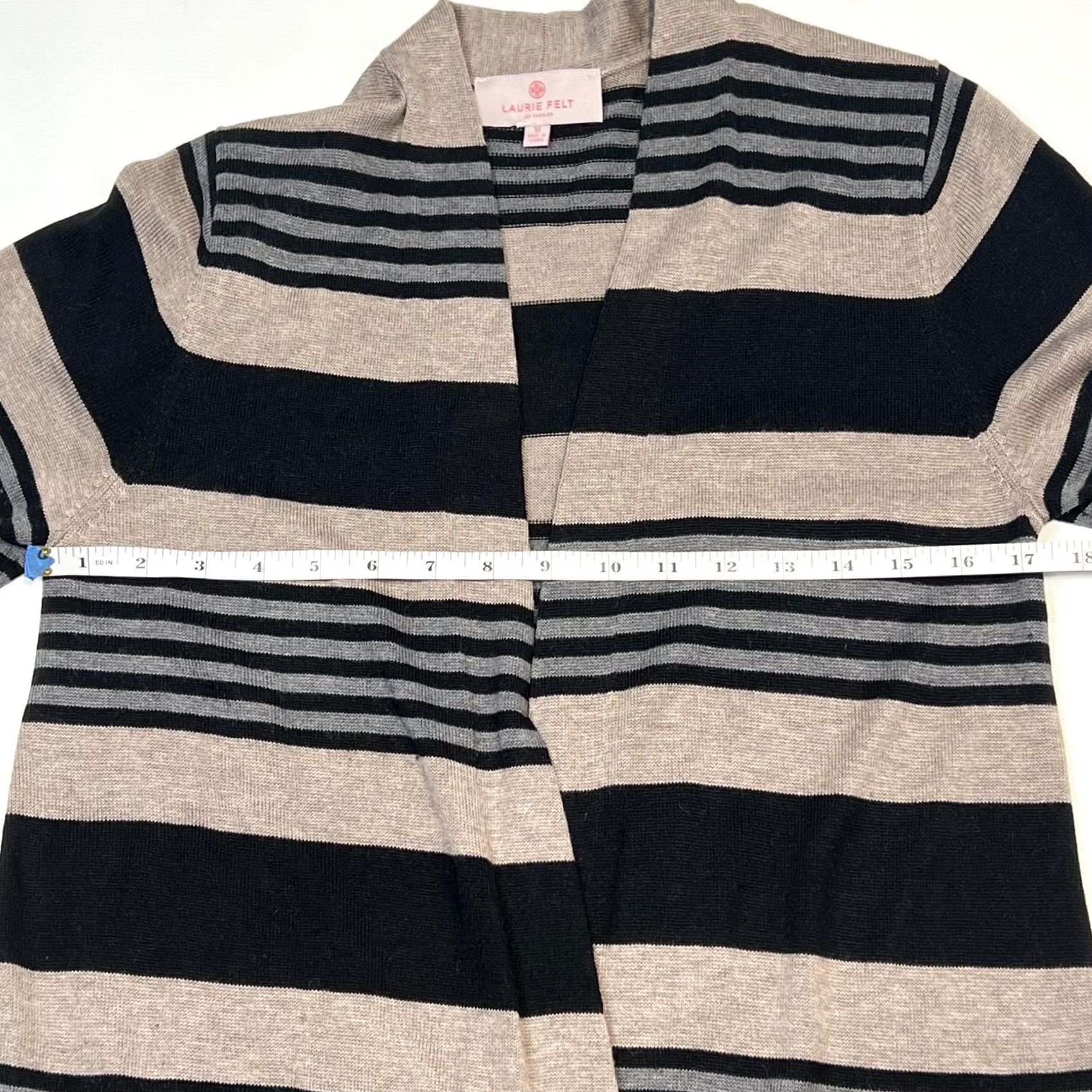 Vintage Laurie Felt Cardigan Sweater Womens M Black Tan Striped Open Front Pockets Long Knit Cashmere Blend Size M / US 6-8 / IT 42-44 - 7 Thumbnail