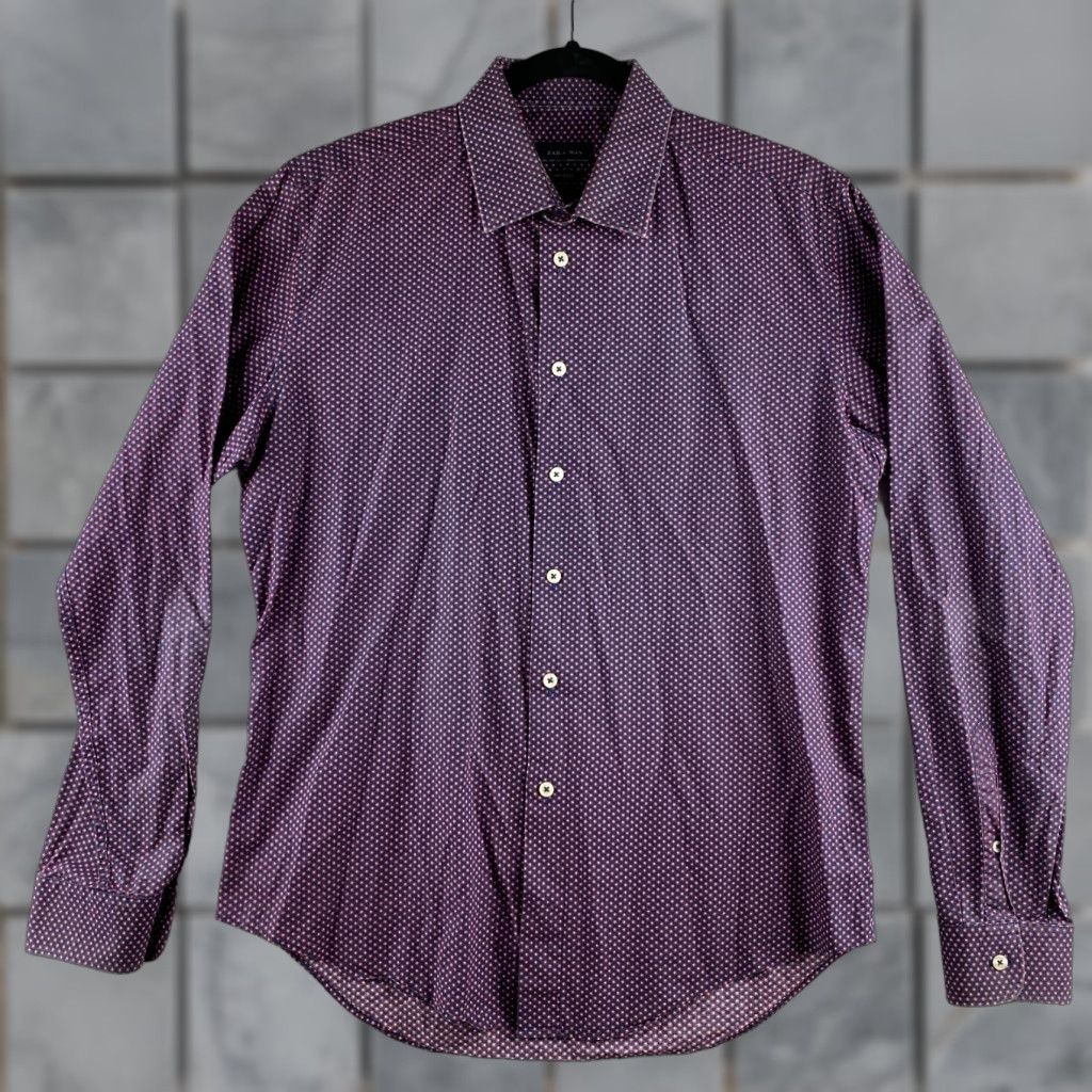 Zara Zara Shirt Mens L Purple Button Up Slim Fit Long Sleeve Collared Dotted Modern Casual Shirt Size US L / EU 52-54 / 3 - 1 Thumbnail
