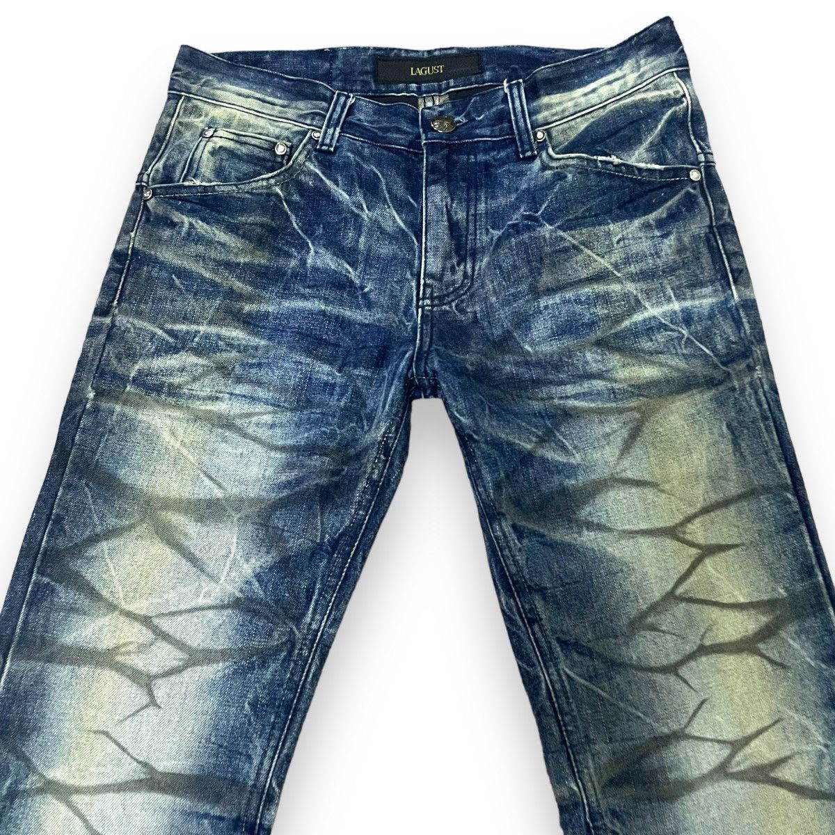 If Six Was Nine × Japanese Brand × Le Grande Bleu (L.G.B.) 🇯🇵☠️ LAGUST WASHED SKULL FLARE DENIM PANTS Size US 31 - 3 Thumbnail