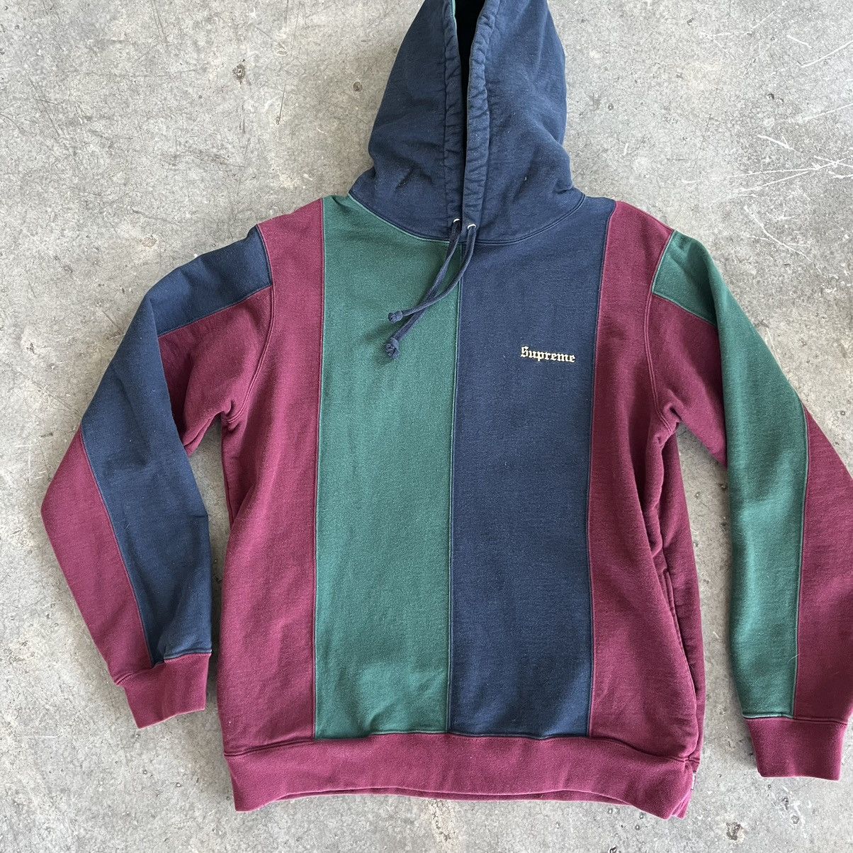 image of Supreme Tricolor Hoodie Fw2018 Navy Blue Green M Burgundy, Men's (Size Medium)