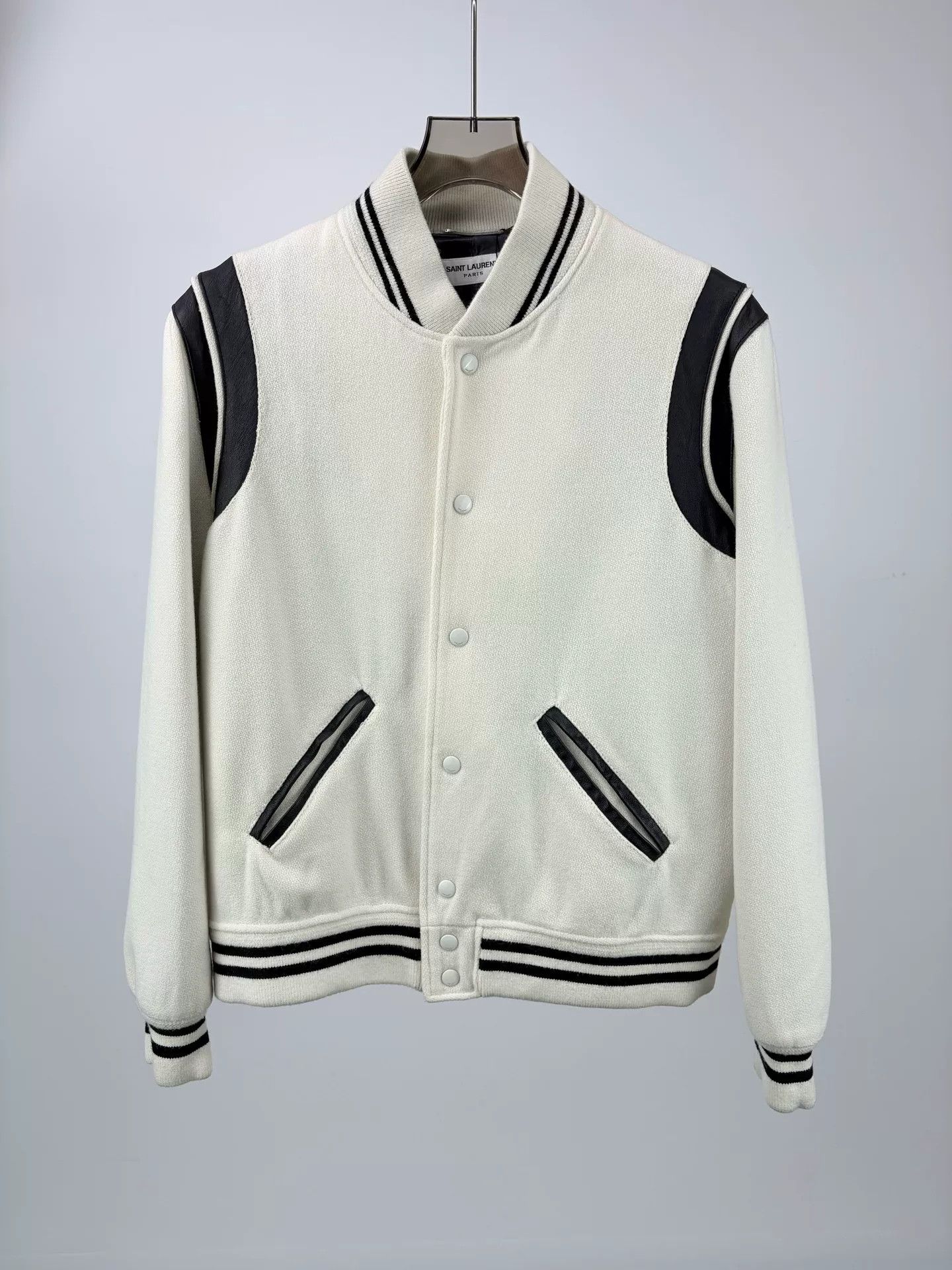 Saint Laurent Paris SAINT LAURENT White Leather Sleeve Baseball Jacket Size US M / EU 48-50 / 2 - 1 Thumbnail