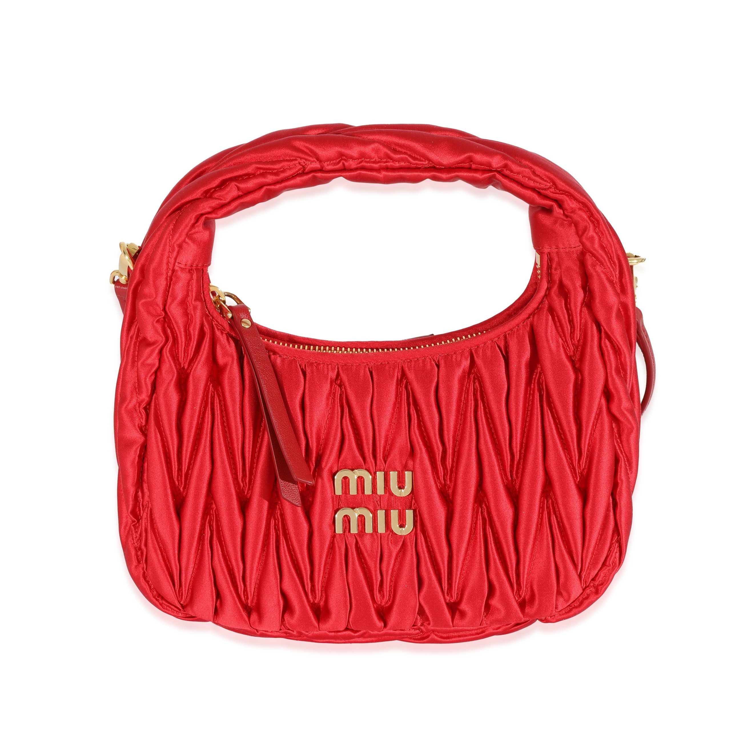 image of Miu Miu Red Matelasse Satin Mini Wander Hobo, Women's