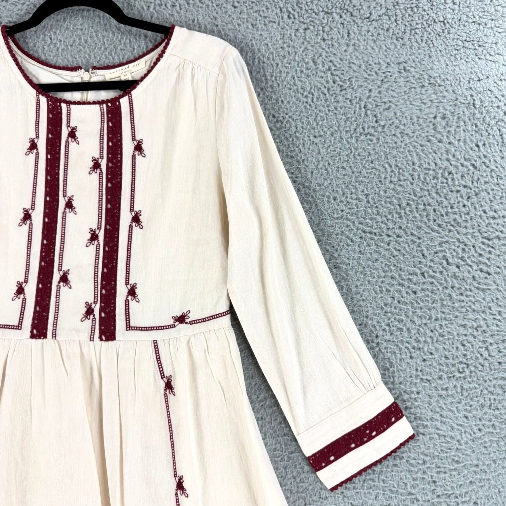 Vintage Current Air Mini Dress Womens M Ivory Burgundy Embroidered Boho Round Neck Long Sleeve A-Line Short Dress Size M / US 6-8 / IT 42-44 - 4 Thumbnail