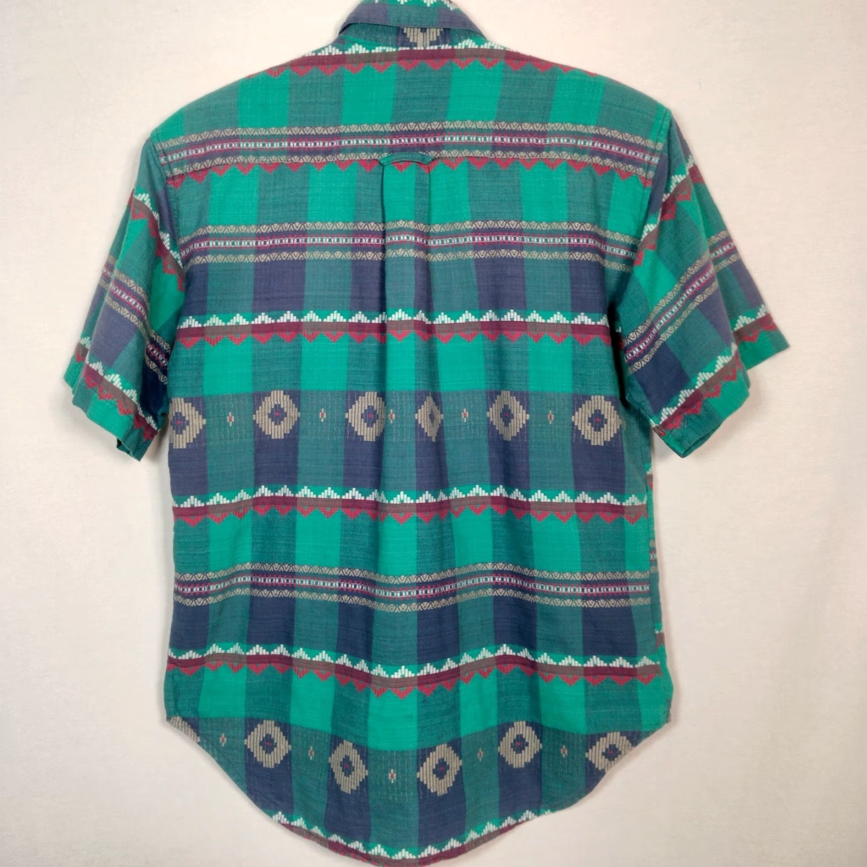 Vintage VINTAGE 1990s Southwest Blouse Shirt Women S Blue Geometric Short Sleeve Button Collar Cotton Hand Washable Size S / US 4 / IT 40 - 2 Thumbnail