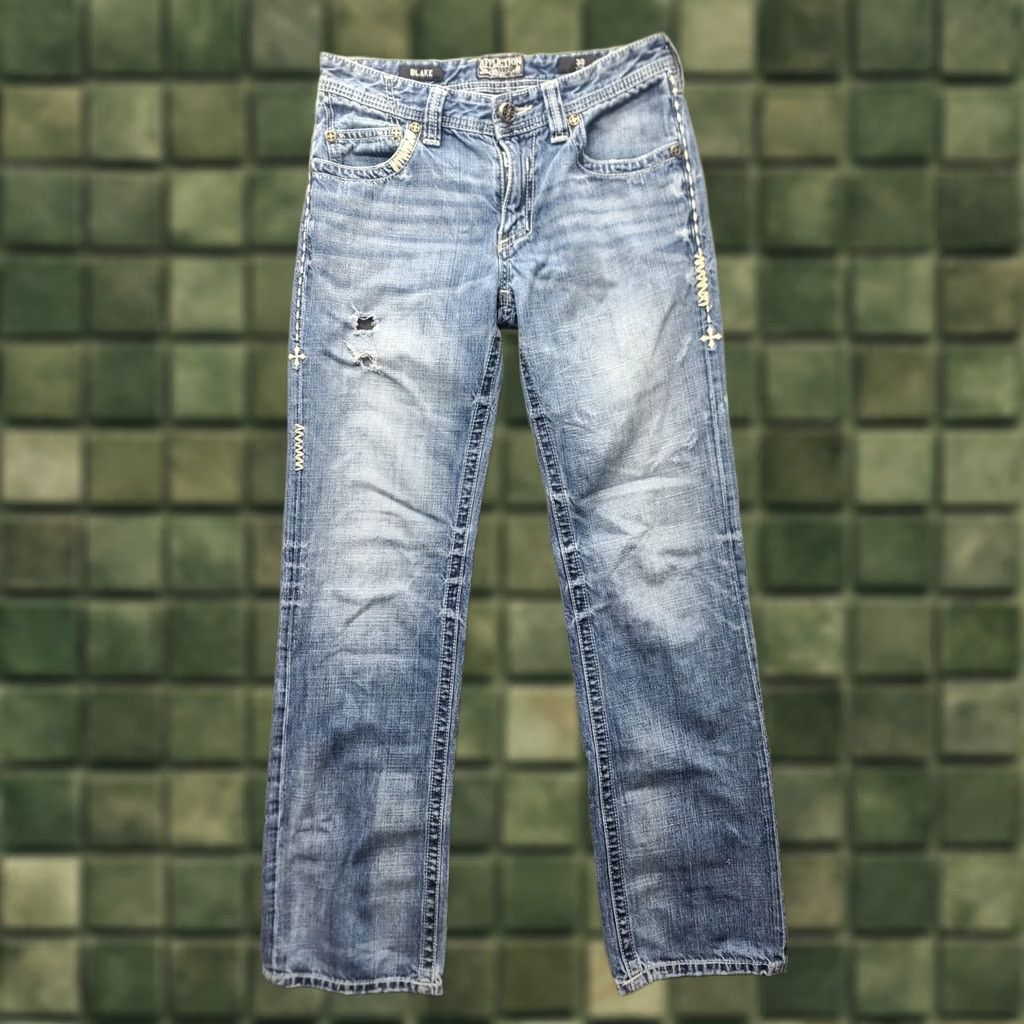 Affliction Affliction Jeans Mens 30x34 Blake Slim Straight Leg Distressed Rock Denim Blue Cotton Stretch Pockets Jeans Boys? Size US 30 / EU 46 - 1 Thumbnail
