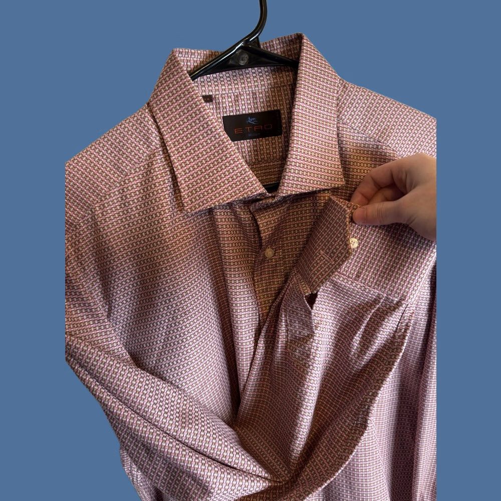 Etro ETRO Shirt Mens 45 Pink Milano Button Basketweave Check Long Sleeve Italy Size US XXL / EU 58 / 5 - 1 Thumbnail