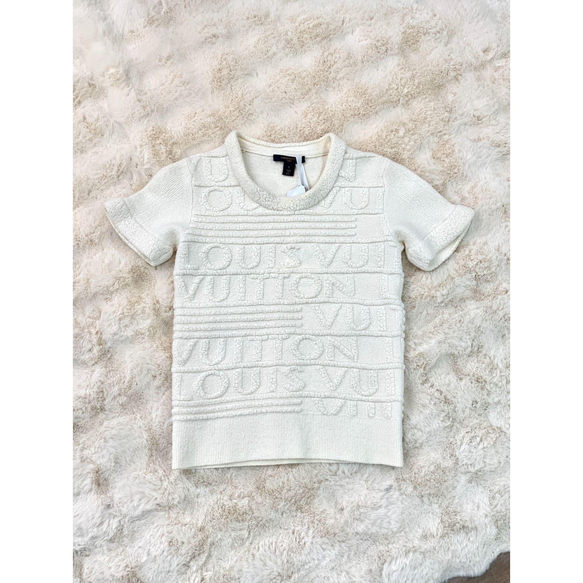 Louis Vuitton White Embossed Logo Short-Sleeve Knit Wool Top