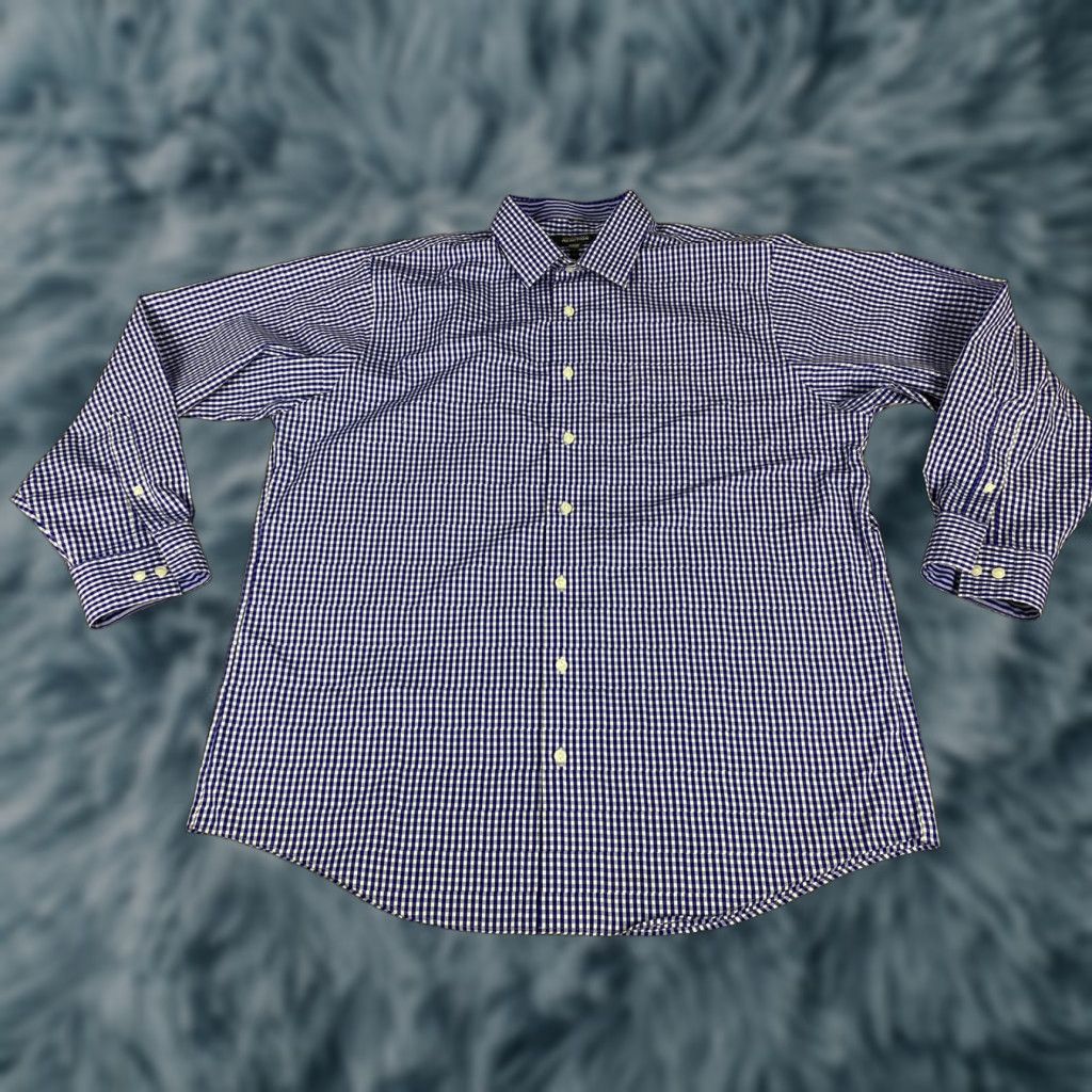 Kenneth Cole Kenneth Cole Reaction Dress Shirt XL 17.5 Blue Checkered Button Down Non Iron Mens Size 46R - 1 Thumbnail