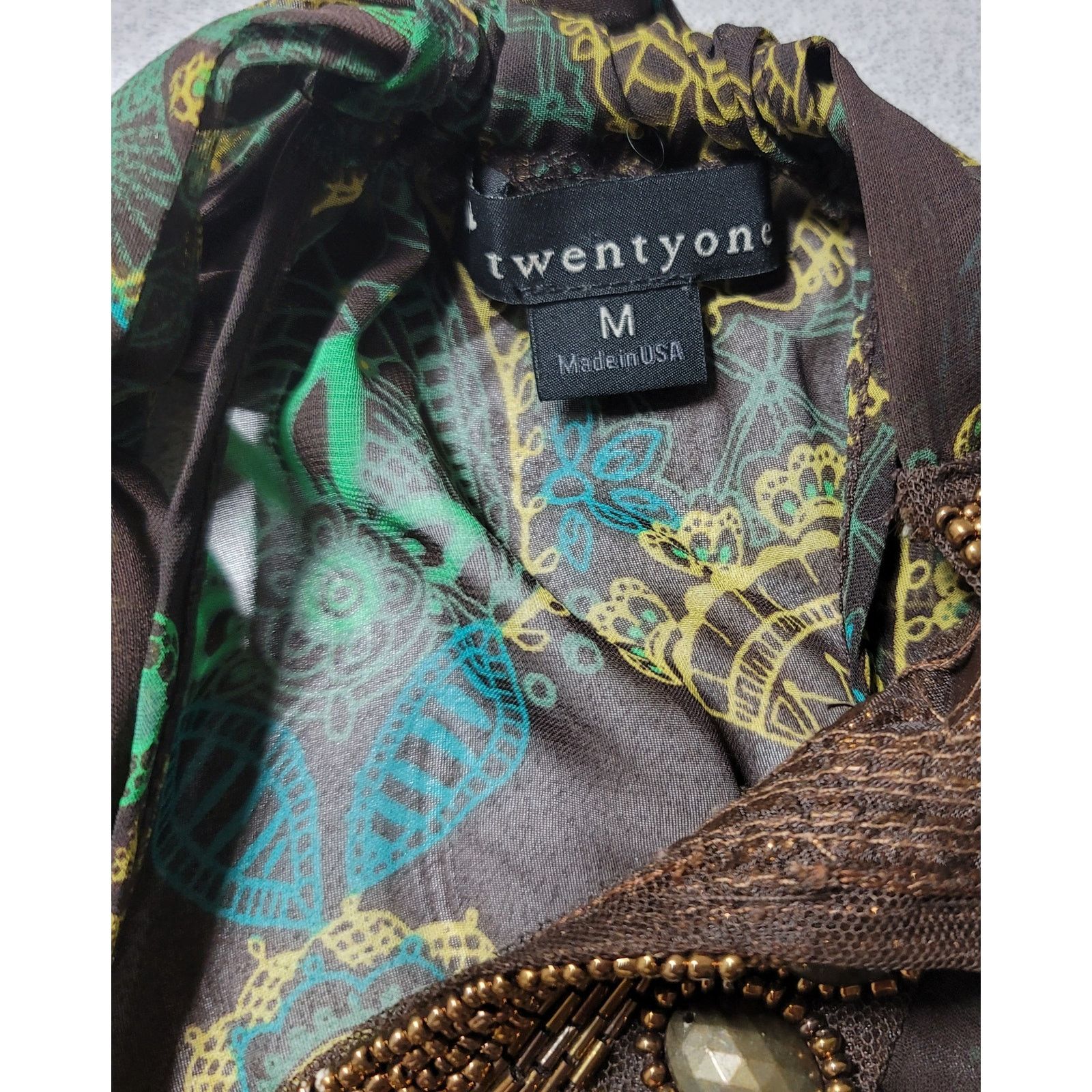 Other Twentyone Brown Green Sheer Beaded Neckline Top Medium Size M / US 6-8 / IT 42-44 - 4 Thumbnail