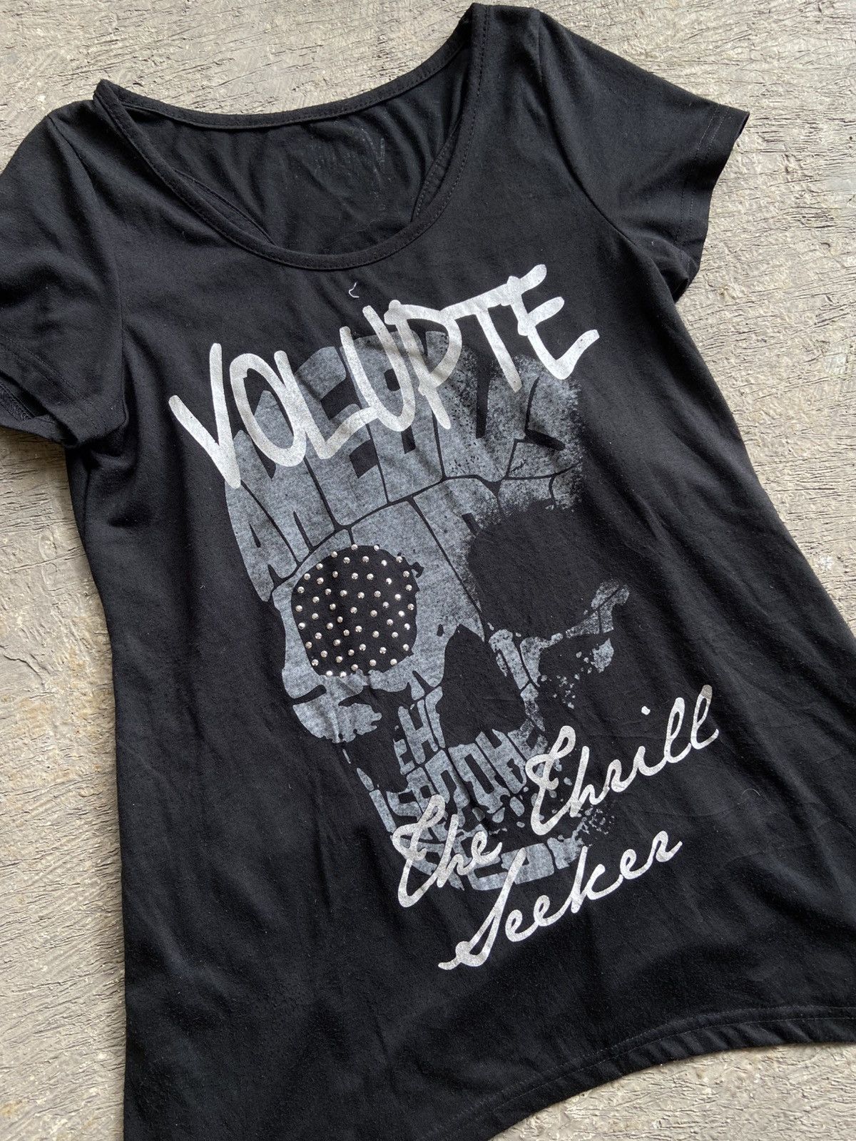 14th Addiction 2000s Edge Line - Vkei Style Poem Skull Shoulder Hole Tee Size ONE SIZE - 2 Thumbnail