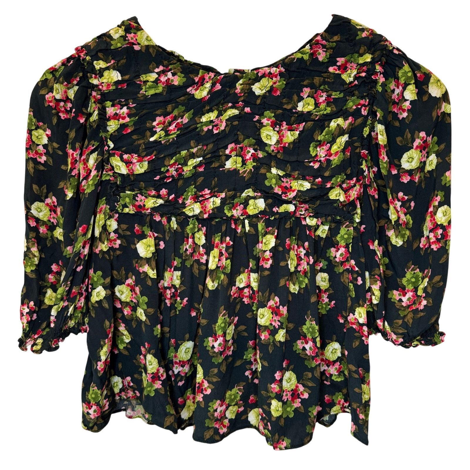 Zara Zara Black Floral Blouse S Womens Ruched Button Back Puff Size S / US 4 / IT 40 - 1 Thumbnail