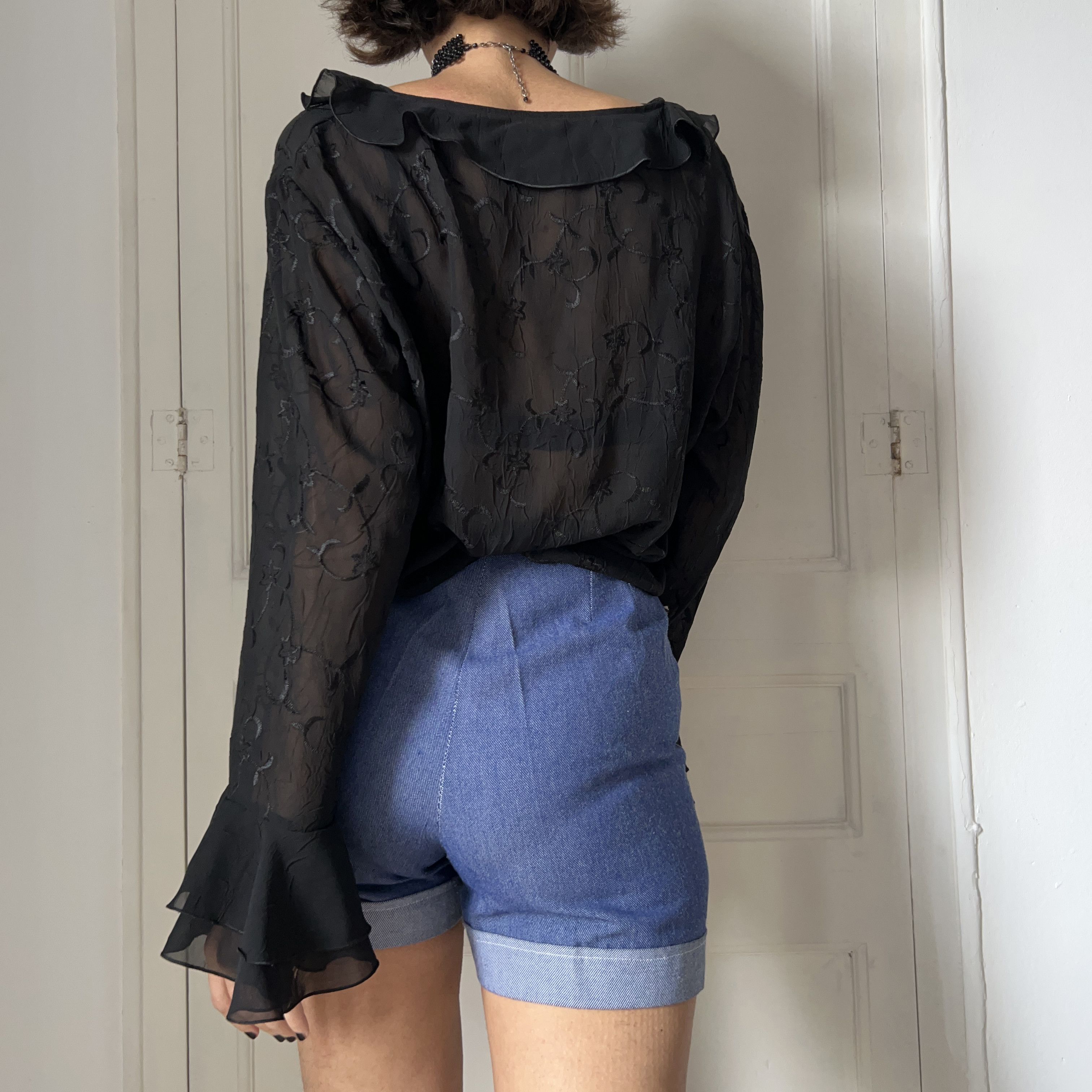 Vintage Vintage 90s Black Sheer Ruffle Poet Blouse Size XL / US 12-14 / IT 48-50 - 4 Thumbnail