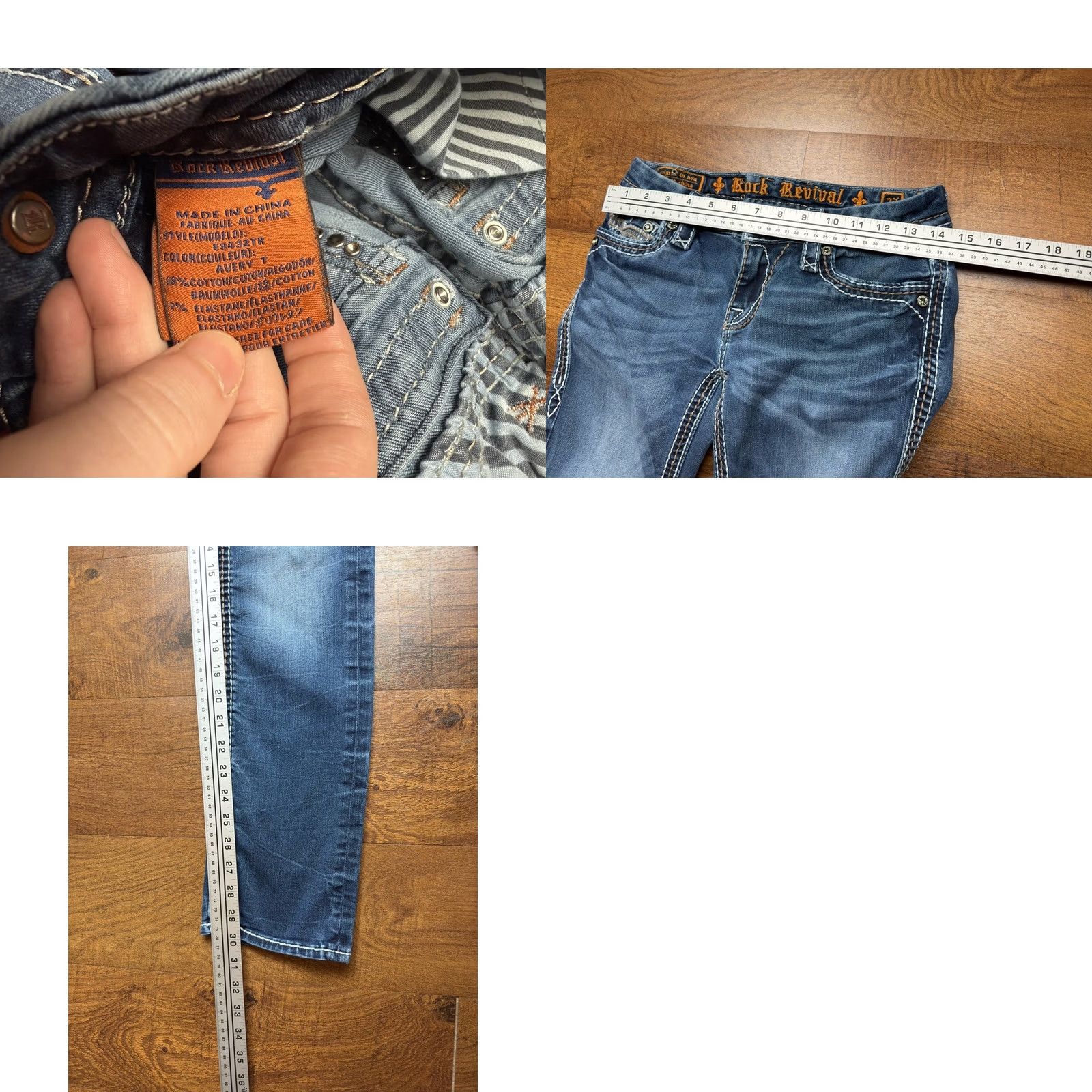 Vintage Rock Revival Avery Straight Jeans Women's 27 Blue Denim Rhinestones Flap Pockets Embroidered Thick Stitching Size 27" / US 4 / IT 40 - 8 Thumbnail