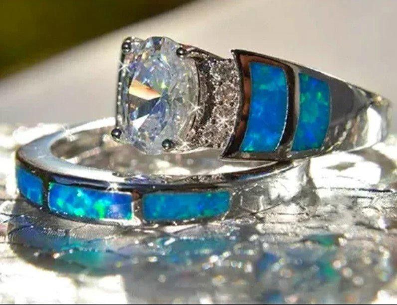 Designer 2pcs Blue Opal Epoxy Zircon Inlaid Silver Ring Set - Size 6 Size ONE SIZE - 6 Thumbnail