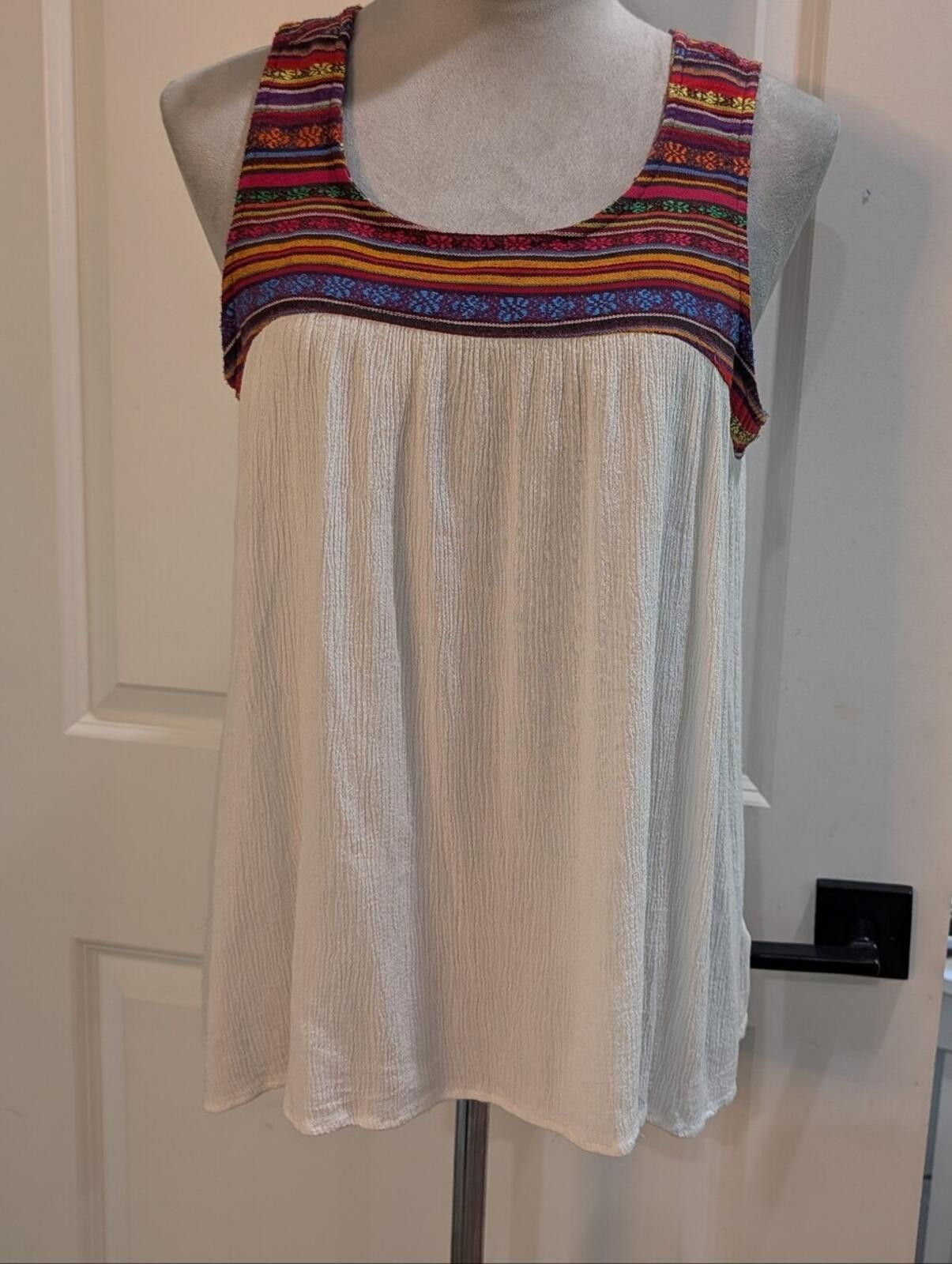 Other Boho Embroidered Yoke Tank Top - Cream with Multicolor Trim Size L / US 10 / IT 46 - 2 Thumbnail