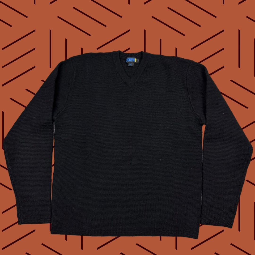Vintage 1980s J.Crew Mens Black Wool V-Neck Sweater Large All Seasons Casual Preppy