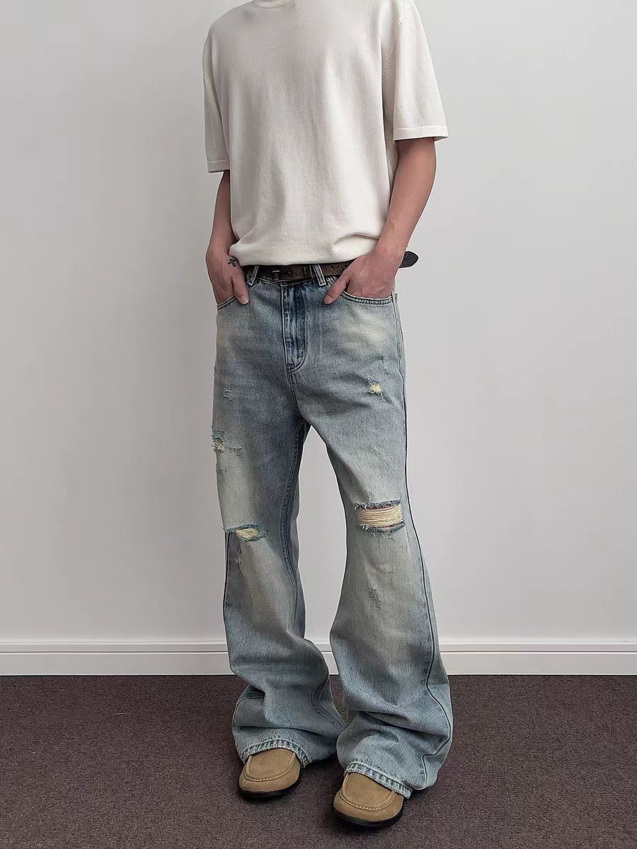 Japanese Brand × Jean Washed and worn out ripped straight leg micro flare jeans Size US 34 / EU 50 - 4 Thumbnail