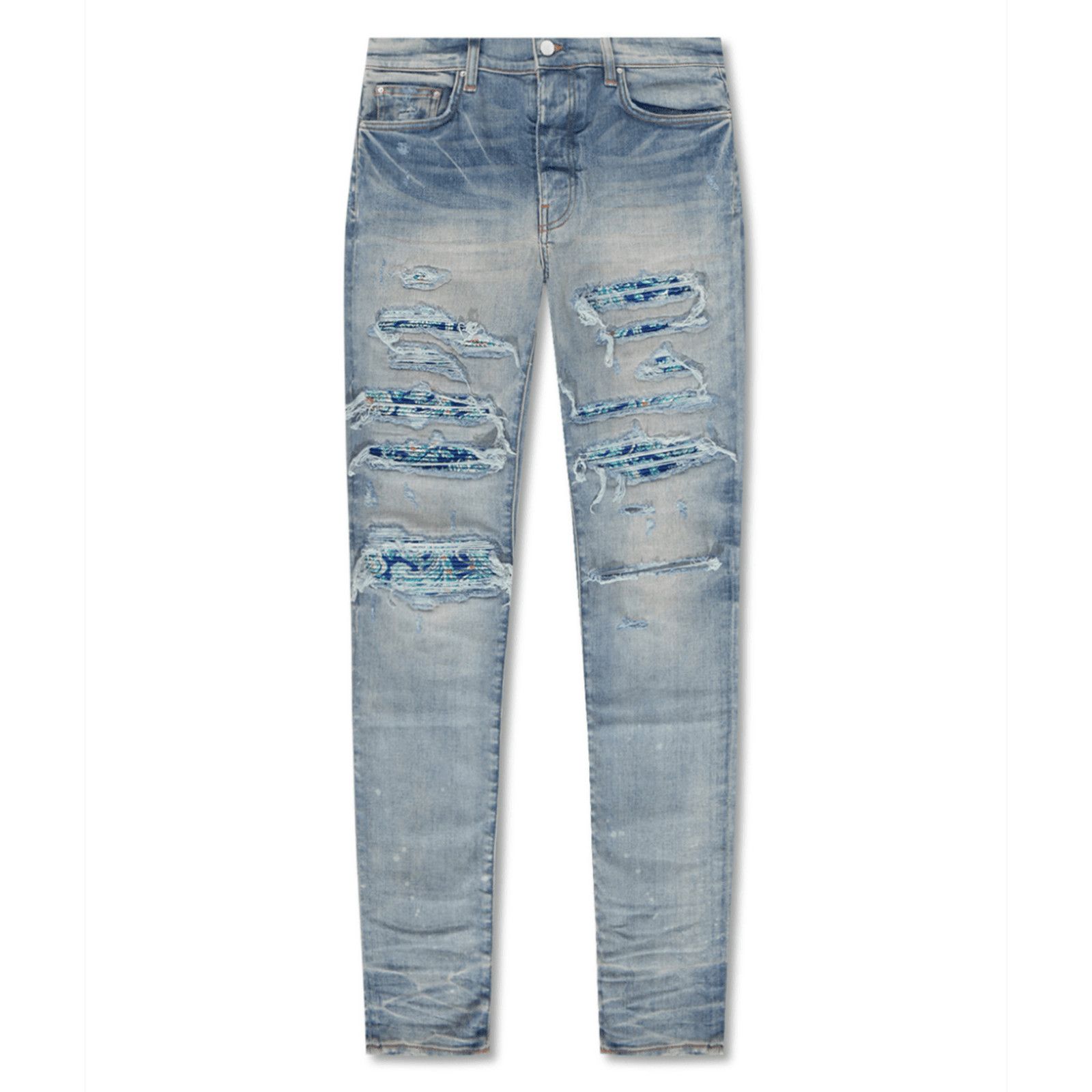 Image of Amiri Multi Pajama Patch Thrasher Jeans Clay Indigo, Men's (Size 36)