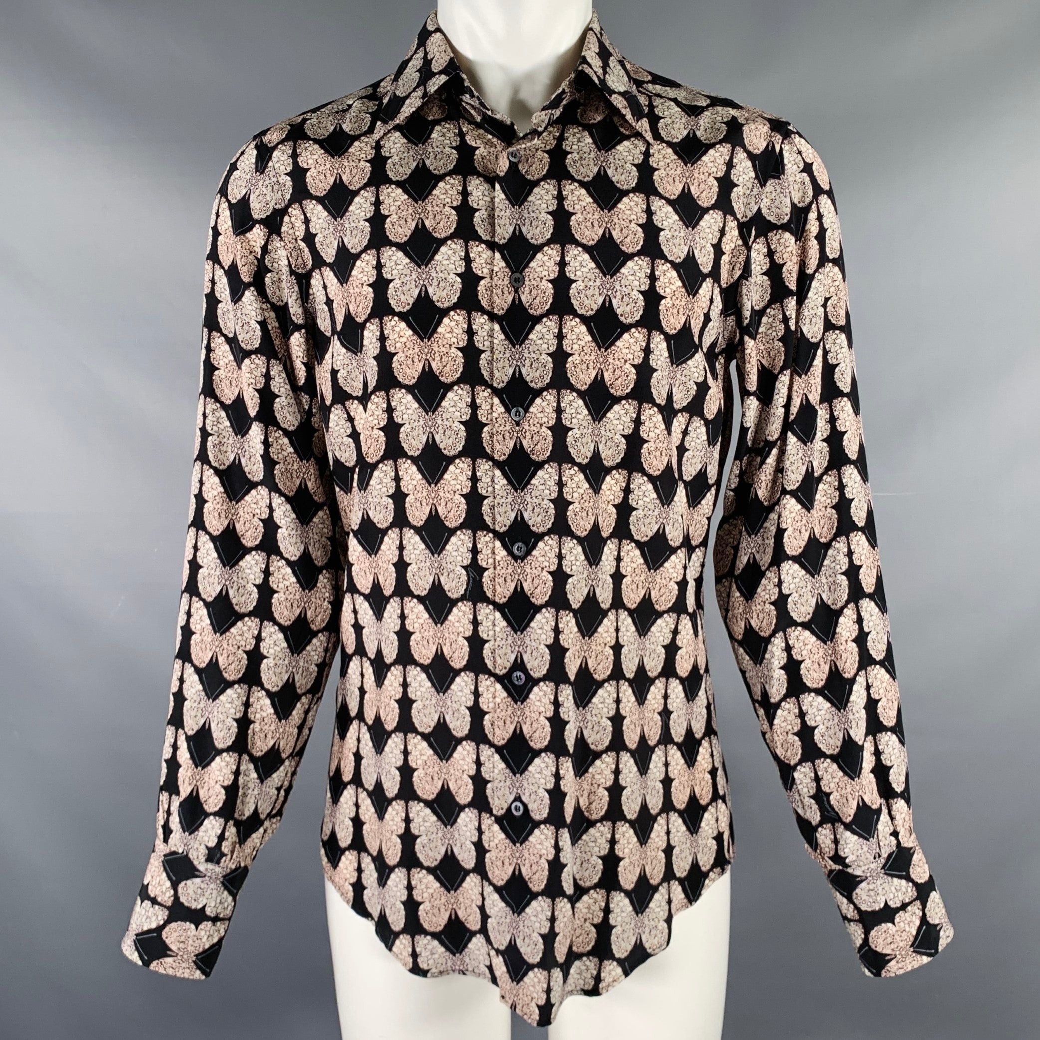 image of Gucci Black Rose Grey Butterfly Silk Button Up Long Sleeve Shirt, Men's (Size Small)