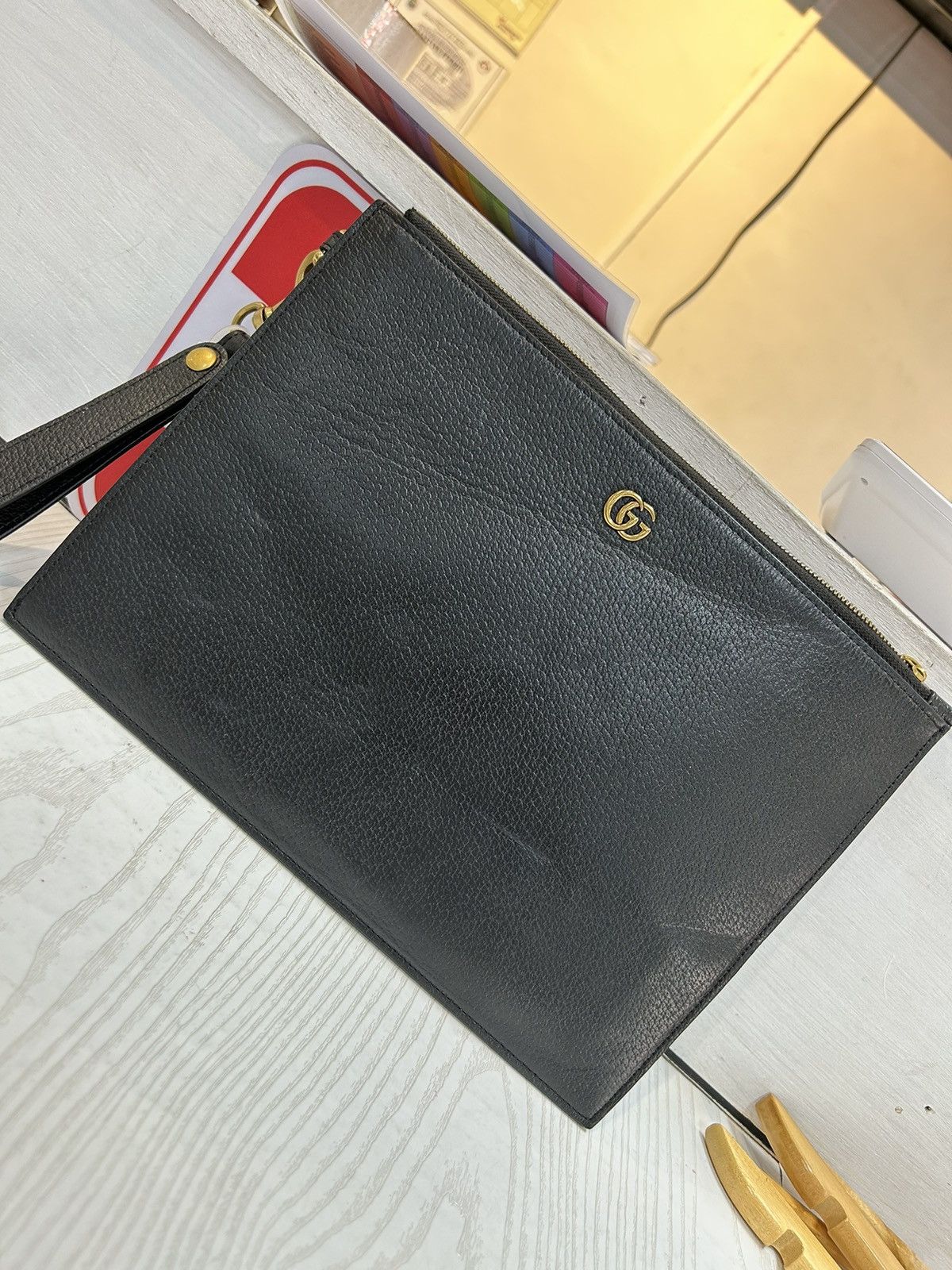 image of Gucci Gg Marmont Leather Pouch in Black, Men's