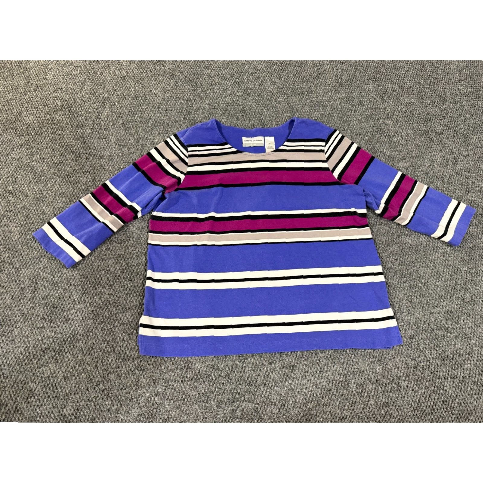 Vintage Alfred Dunner Blouse Womens Petite Large Purple Pink Striped Long Sleeve Round Neck Knit Velvet Ruffle Casual Size L / US 10 / IT 46 - 2 Thumbnail