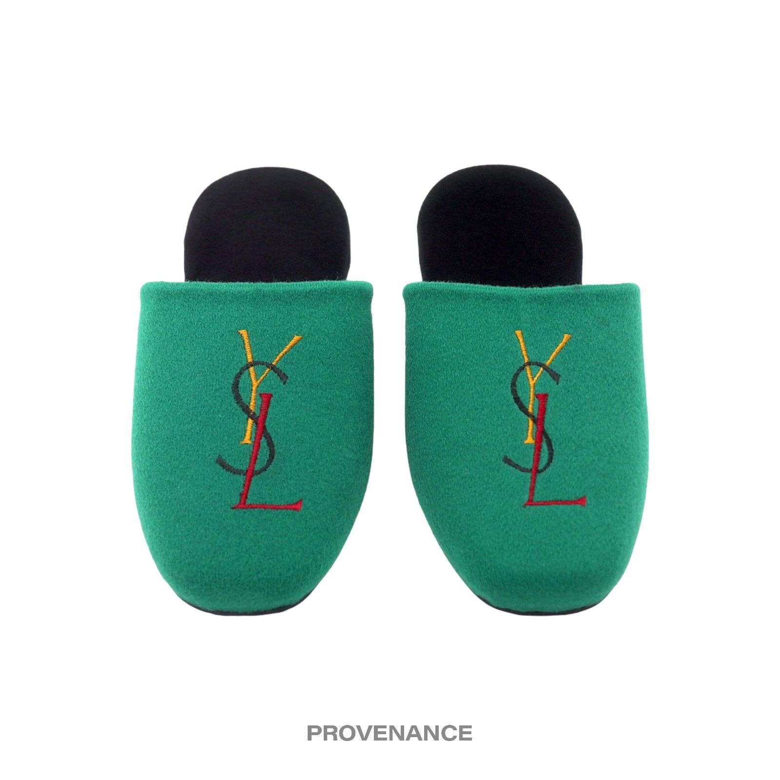 Yves Saint Laurent 🔴 Yves Saint Laurent YSL Logo Slipper - Green Velour Size US 8 / IT 38 - 1 Thumbnail