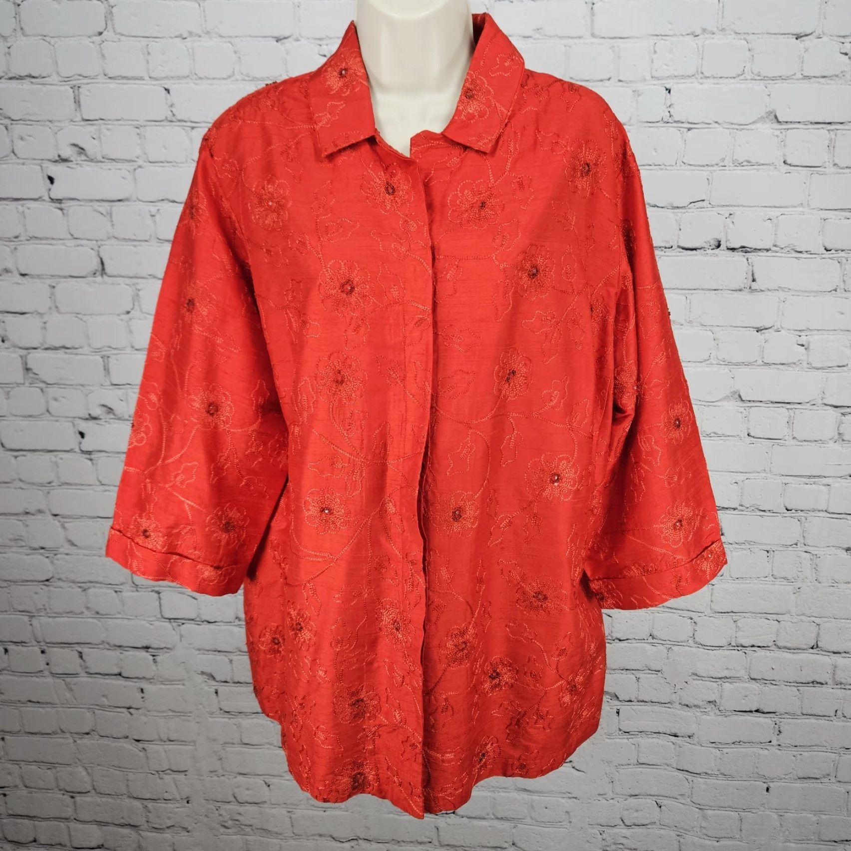 Vintage VTG Chico's Design Red Silk Embroidered Beaded 3/4 Sleeve Top Shirt Womens 3 US 16 Floral Silk Beaded Embroidered 100% Subscription? Size XS / US 0-2 / IT 36-38 - 2 Thumbnail