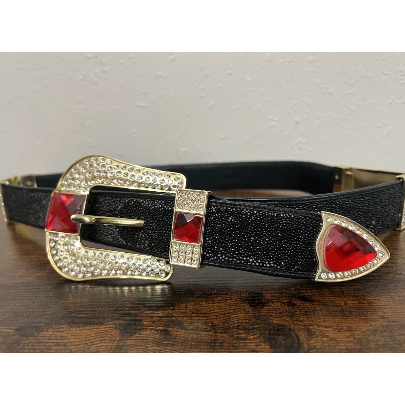 Vintage VINTAGE Los Altos Boots Belt Western Cowboy Stingray Buckle Rhinestone 36 Black Mens Buckle Bling 90s Size 36 - 6 Thumbnail