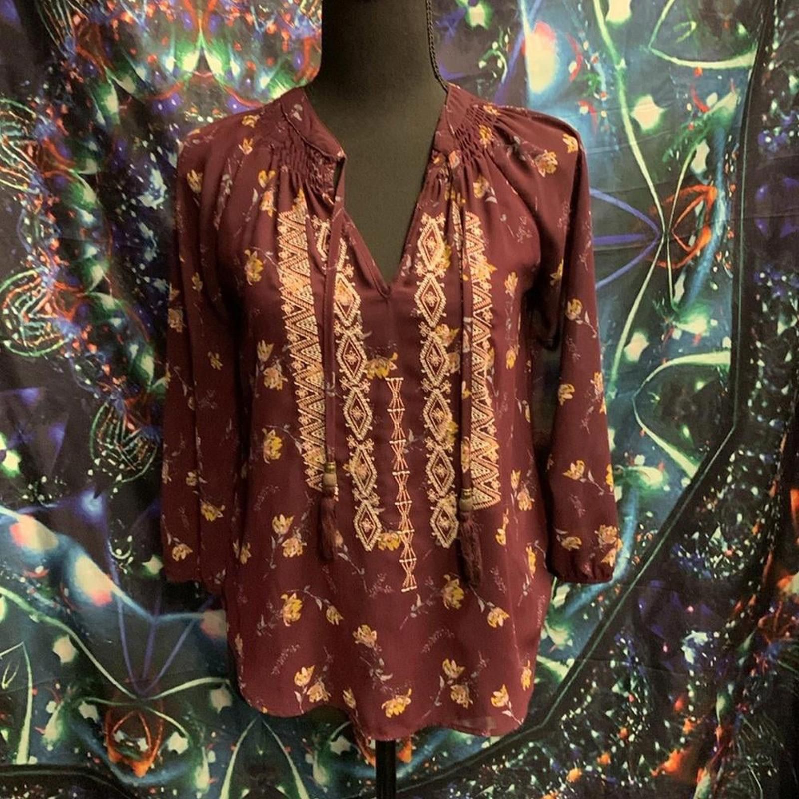 Designer Women's Floral Boho Top - Burgundy Size S / US 4 / IT 40 - 1 Thumbnail