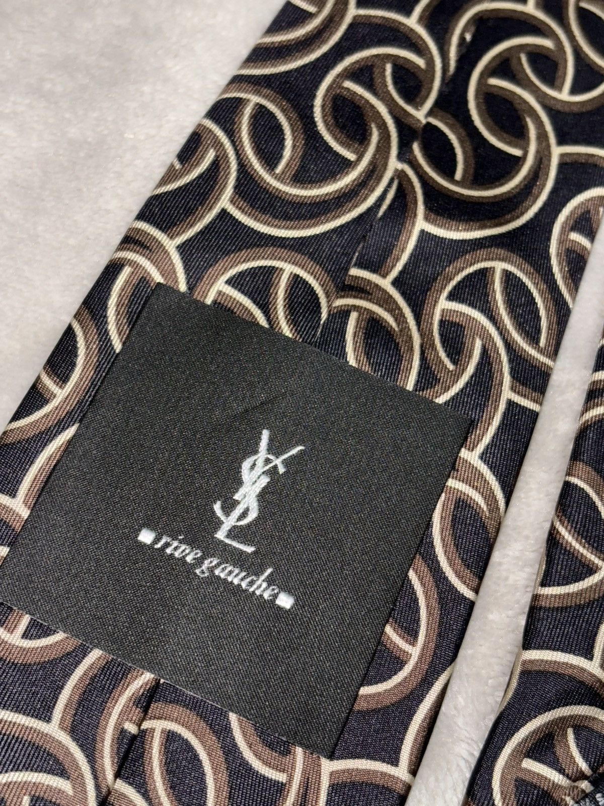 Yves Saint Laurent YSL Rive Gauche Silk Tie Vintage Y2k 90s pattern brown beige Size ONE SIZE - 5 Thumbnail