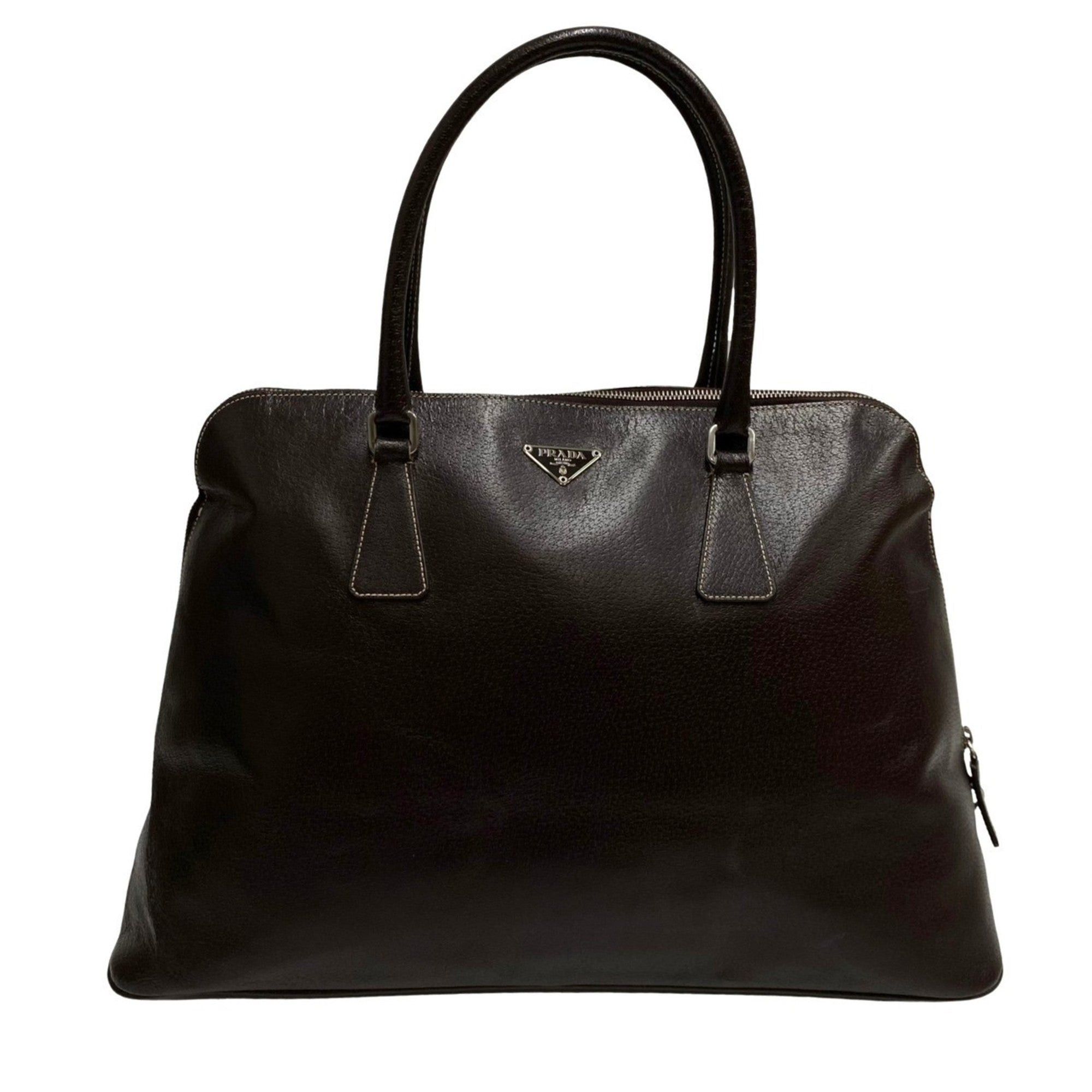 image of Prada Triangle Logo Metal Fittings Leather Genuine Handbag Tote Bag Mini Boston Brown, Women's