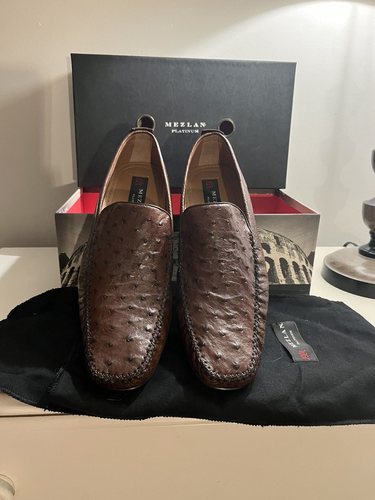 Mezlan Mens Mezlan Rollini Ostrich Quill Dress Shoe Loafer in Brown Size US 11 / EU 44 - 1 Thumbnail