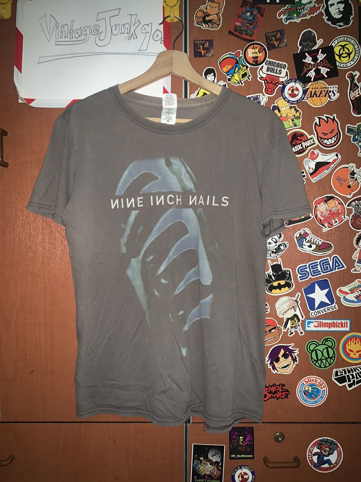 image of Band Tees x Rock Band Vintage Sunfaded Grey Nine Inch Nail Band T-Shirt 00’S, Men's (Size Medium)