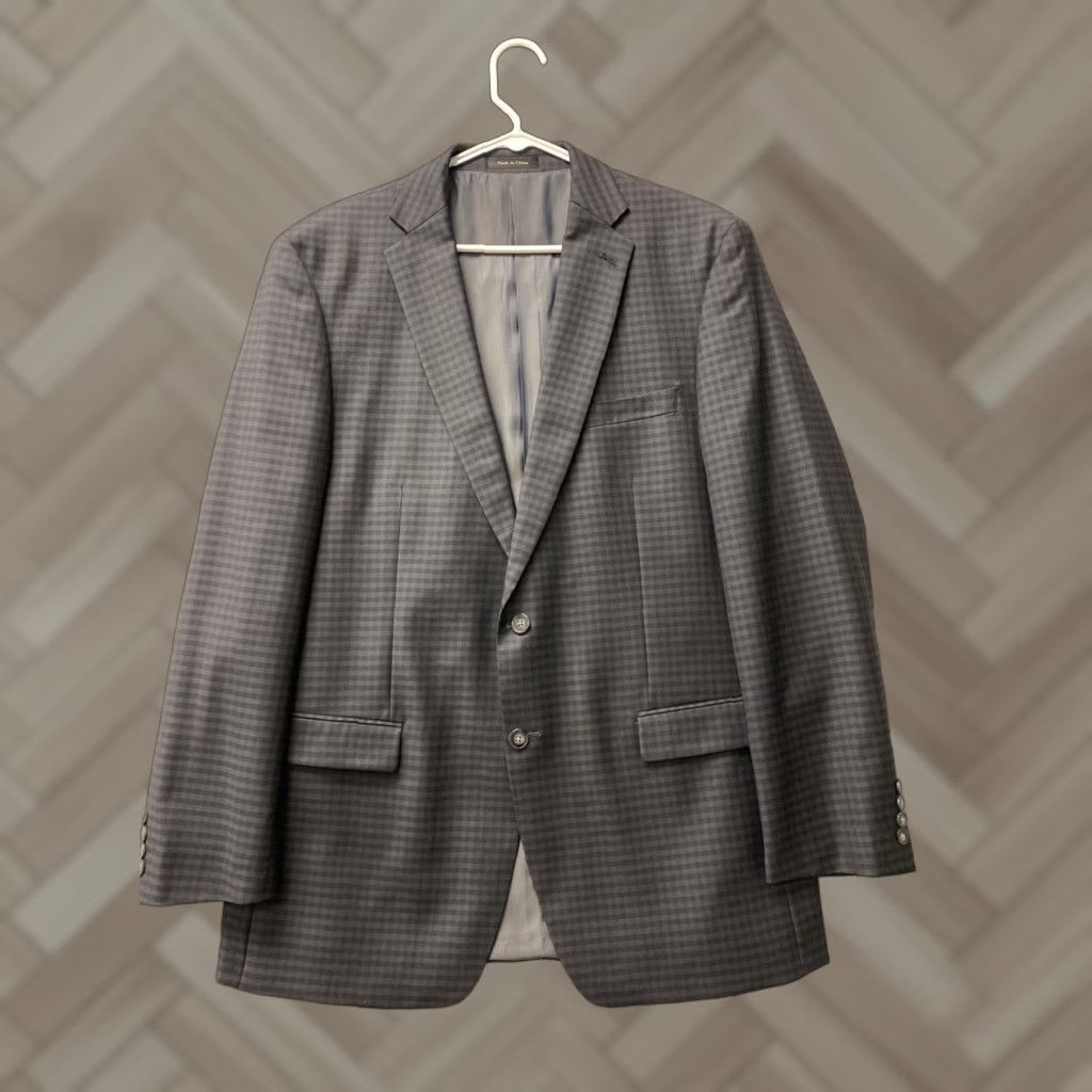Calvin Klein Calvin Klein Men’s Gray Suit Jacket Blazer Sport Coat 44L Check Wool Blend Long Two-Button Notch Single-Breasted Regular Mens Size 44R - 1 Thumbnail