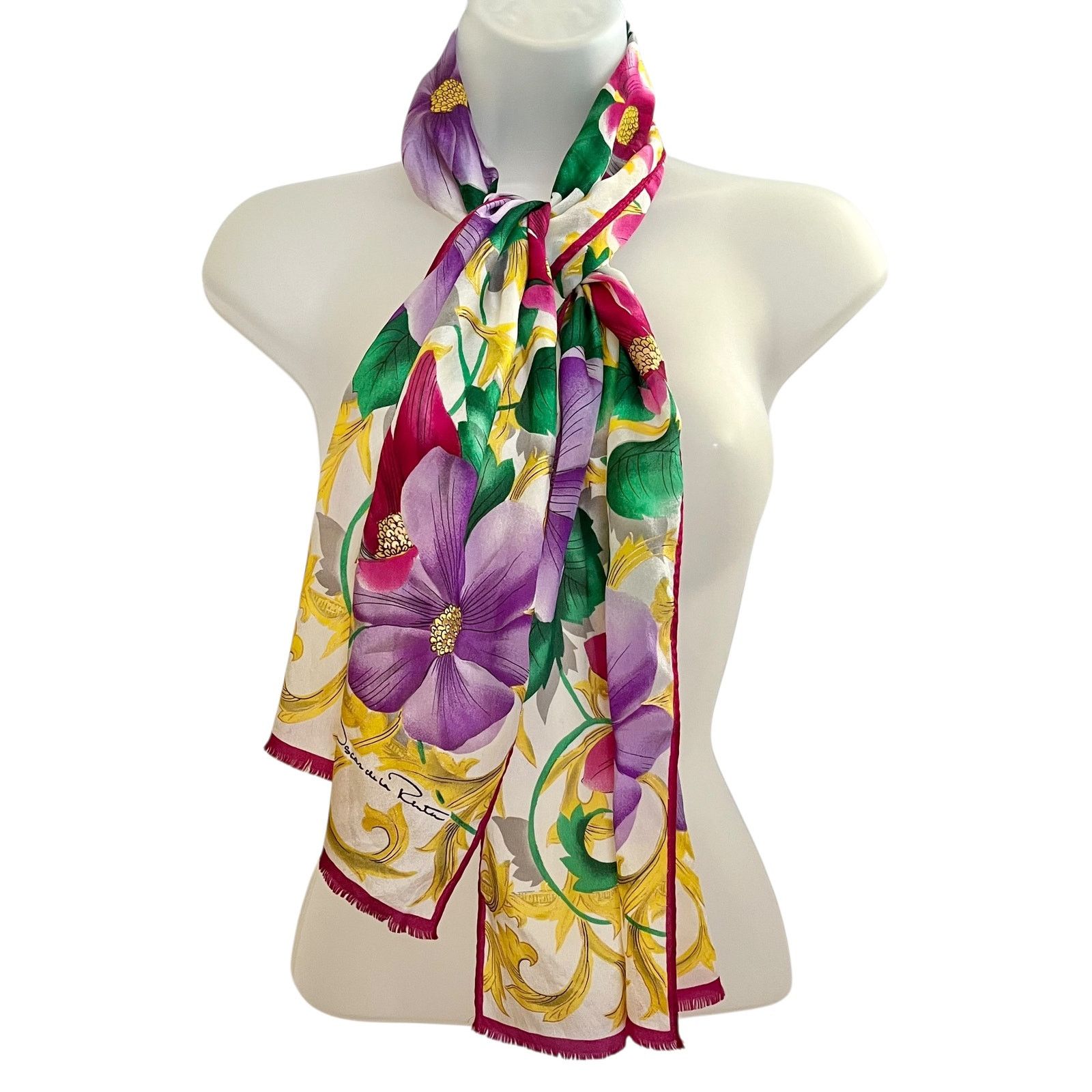 Oscar De La Renta × Vintage Oscar de la Renta Floral Gold Crepe de Chine Silk Scarf Size ONE SIZE - 1 Thumbnail