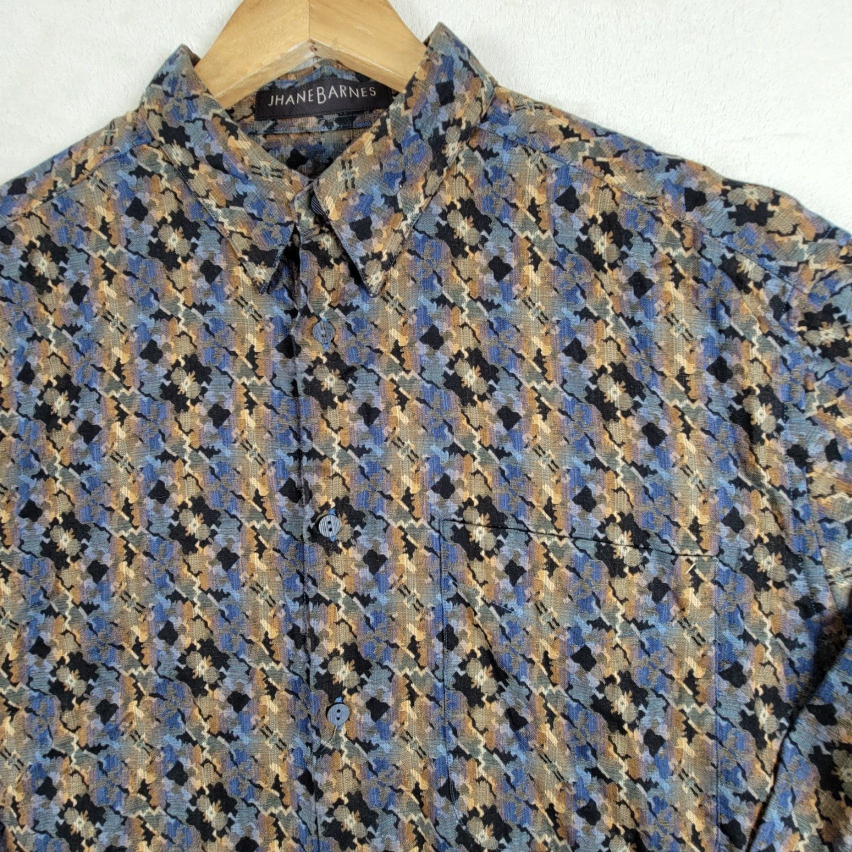 Vintage Jhane Barnes Shirt Mens M Cotton Black/ Brown Graphic Print Button-Up Silk Blend Long Sleeve Collared Pocket Designer Hipster 90s? Size US M / EU 48-50 / 2 - 2 Thumbnail