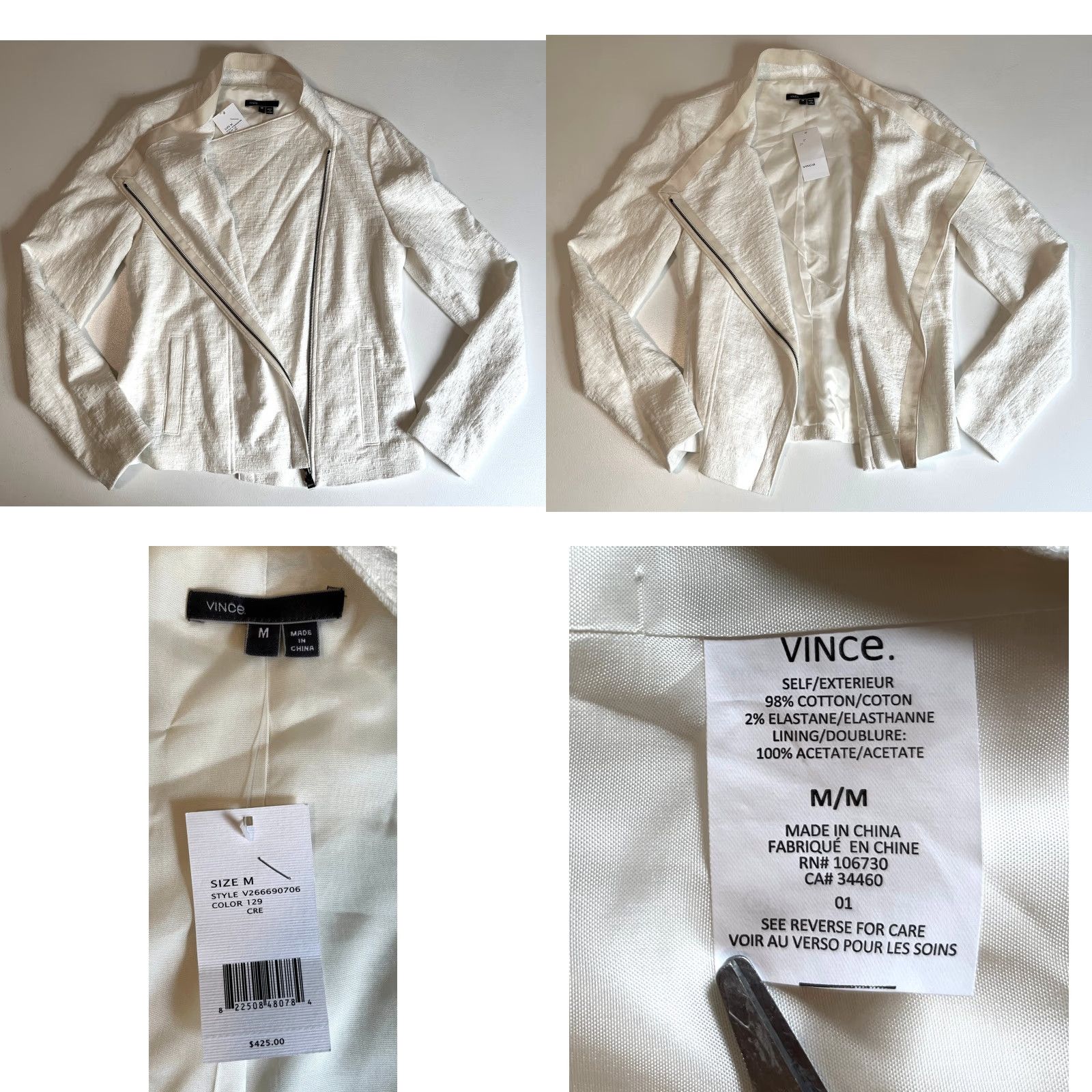 Vince NWT Vince Women's Jacket Biker Asymmetrical Zip Stretch Cotton Frise Sz M Cream Size M / US 6-8 / IT 42-44 - 8 Thumbnail