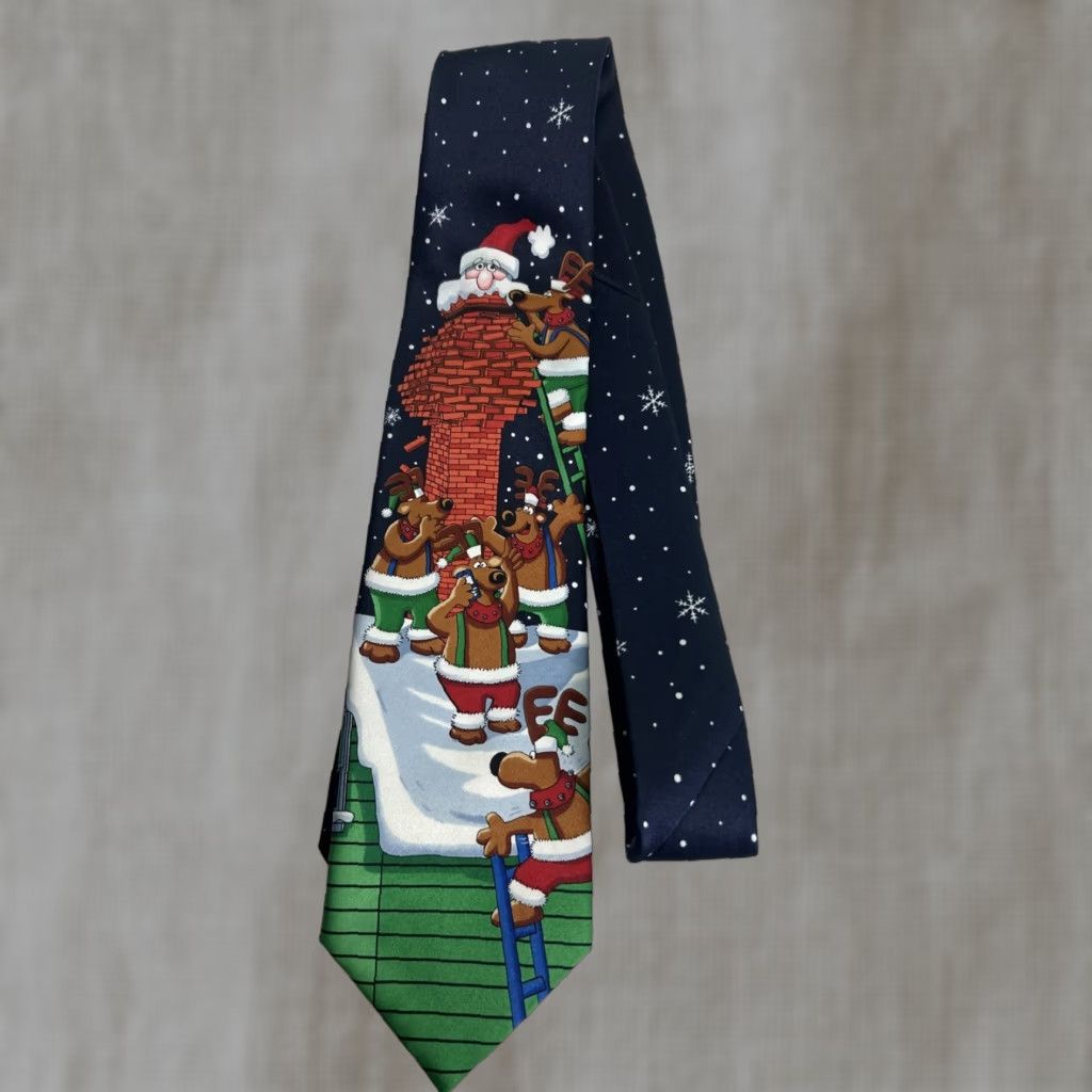 Vintage Yule Tie Christmas Necktie Santa Reindeer Novelty Roof Funny Greetings Holiday Size ONE SIZE - 1 Thumbnail