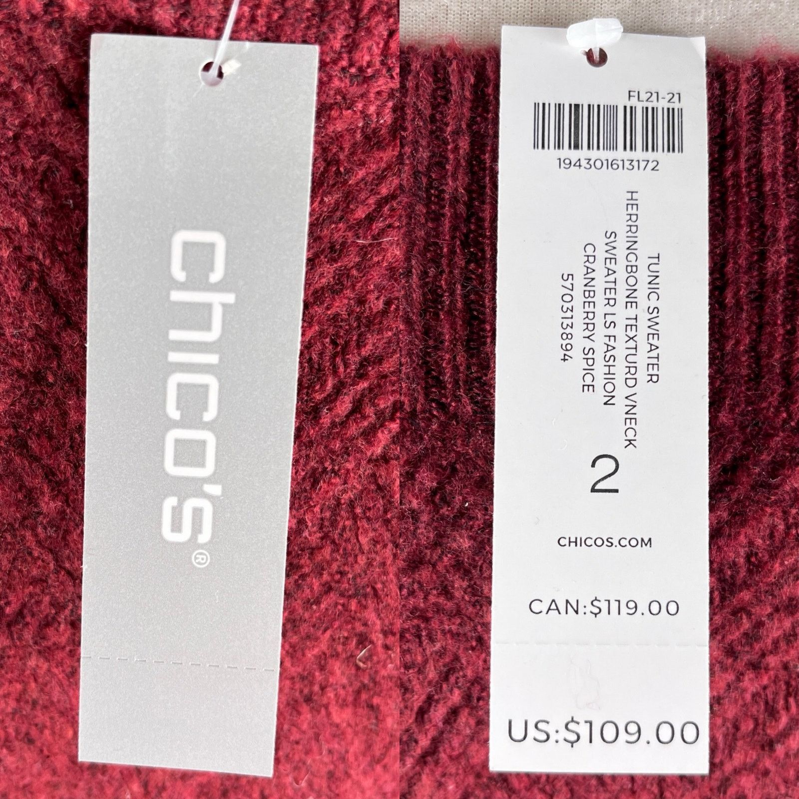 Chicos Chicos Herringbone Tunic Sweater V-Neck Cranberry 2 L New Size L / US 10 / IT 46 - 7 Thumbnail