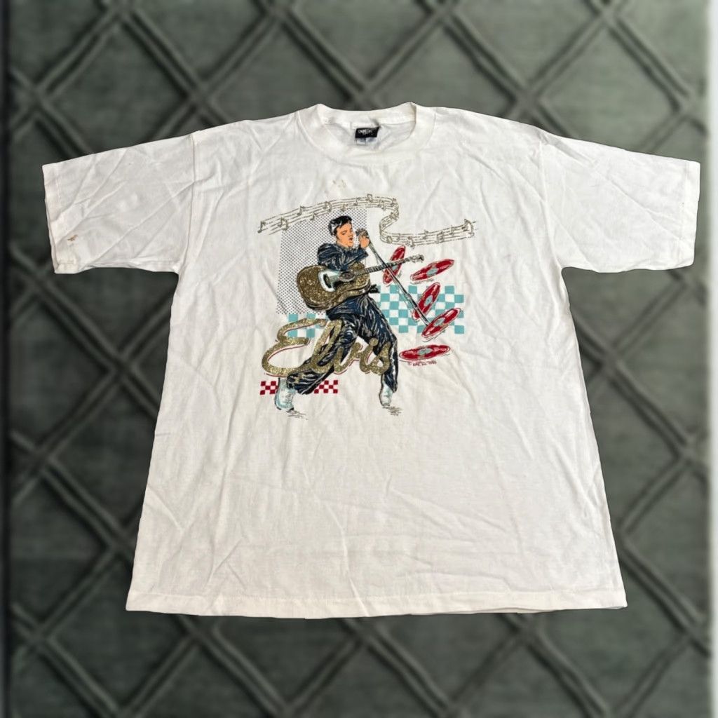 Vintage VINTAGE Elvis Presley Diamond Dust Music White T-Shirt Large Glitter Mens Size US L / EU 52-54 / 3 - 1 Thumbnail
