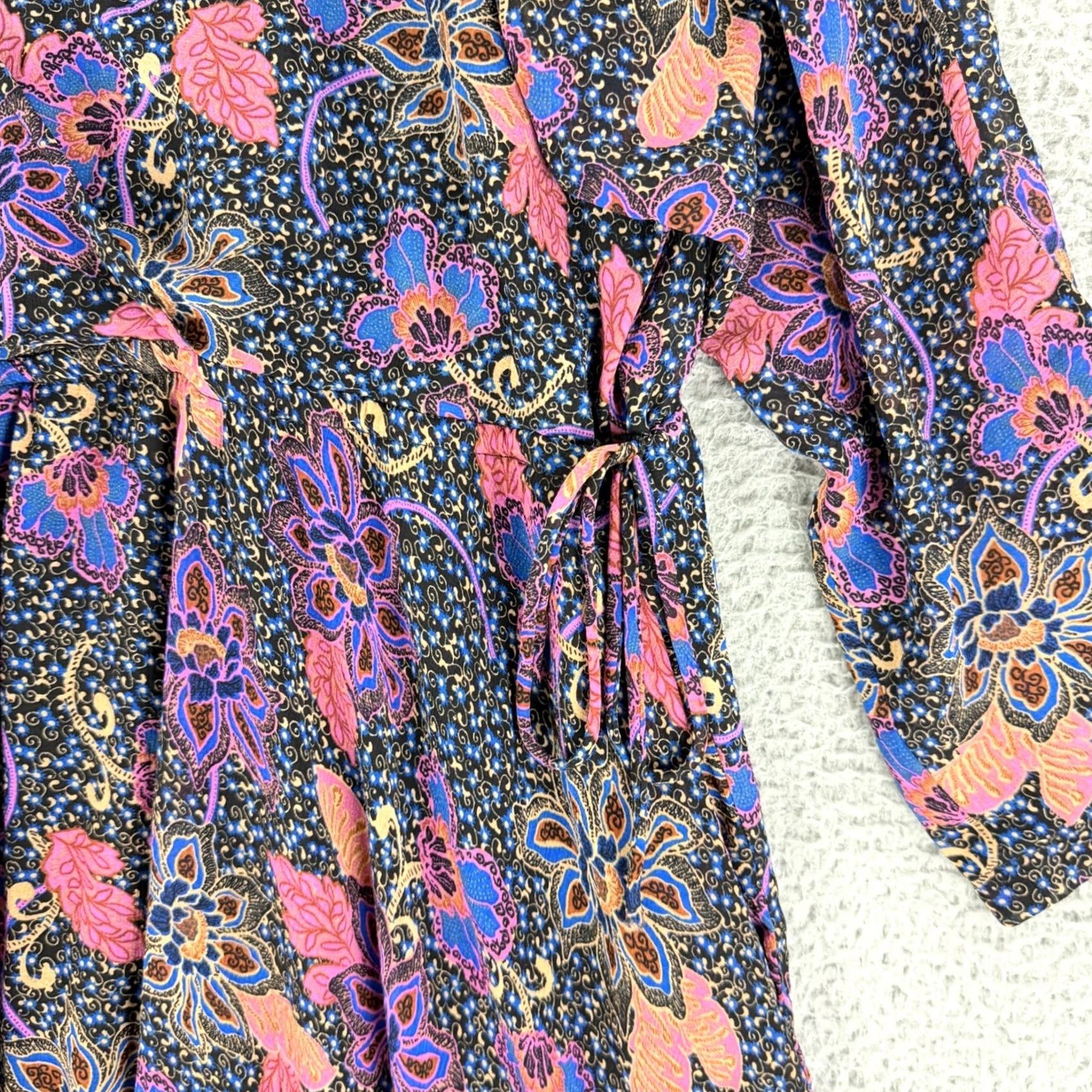 Free People VINTAGE Free People Mini Dress Womens M Black Floral Boho Wrap V-Neck OB1418794 Size M / US 6-8 / IT 42-44 - 5 Thumbnail