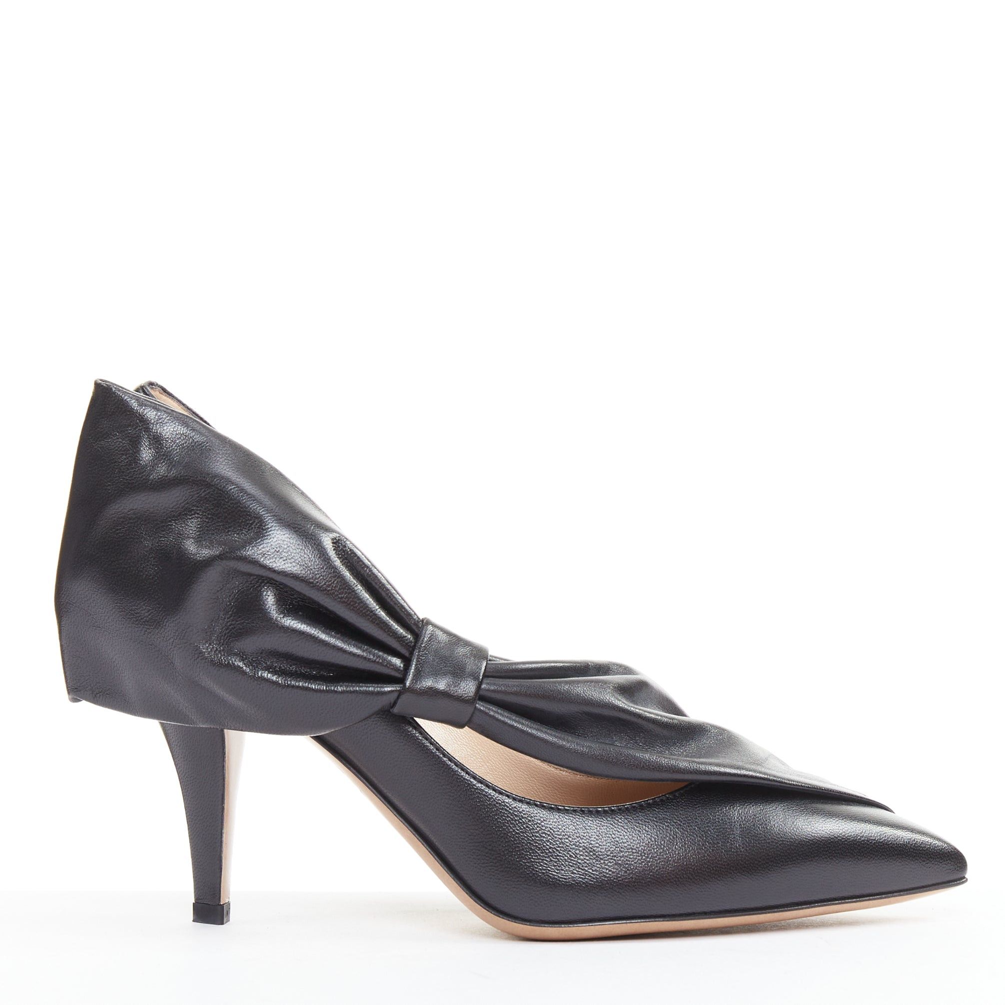 Valentino VALENTINO black leather oversized bow point toe kitten pumps EU37 Size US 7 / IT 37 - 1 Thumbnail