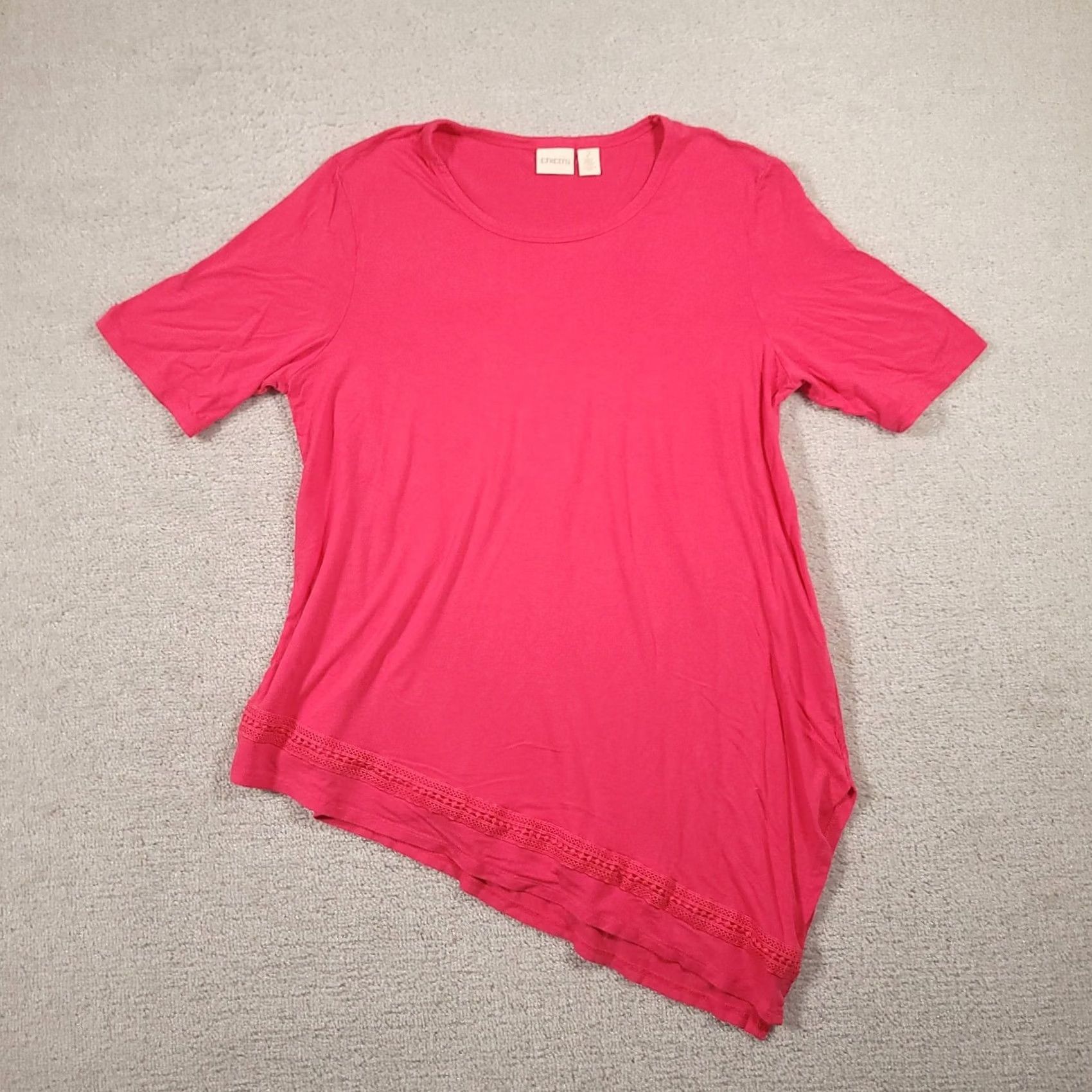 Vintage Chicos 2 Knit Top Pink Asymmetrical Hem Knit Lace Trim Short Sleeve Large Blouse Shirt Womens Vintage No Size L / US 10 / IT 46 - 2 Thumbnail