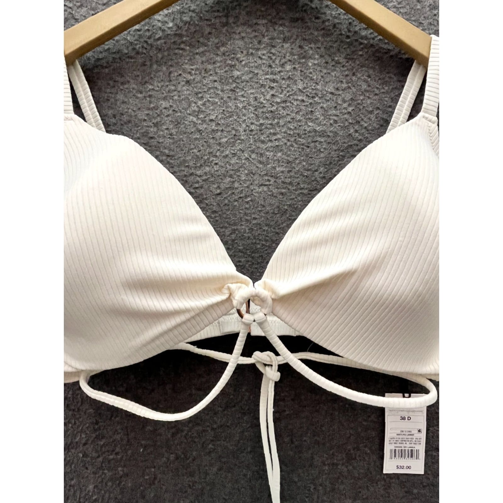 Vintage Shade & Shore Bikini Top White 38D Ribbed Strappy Ring Size XS / US 0-2 / IT 36-38 - 3 Thumbnail