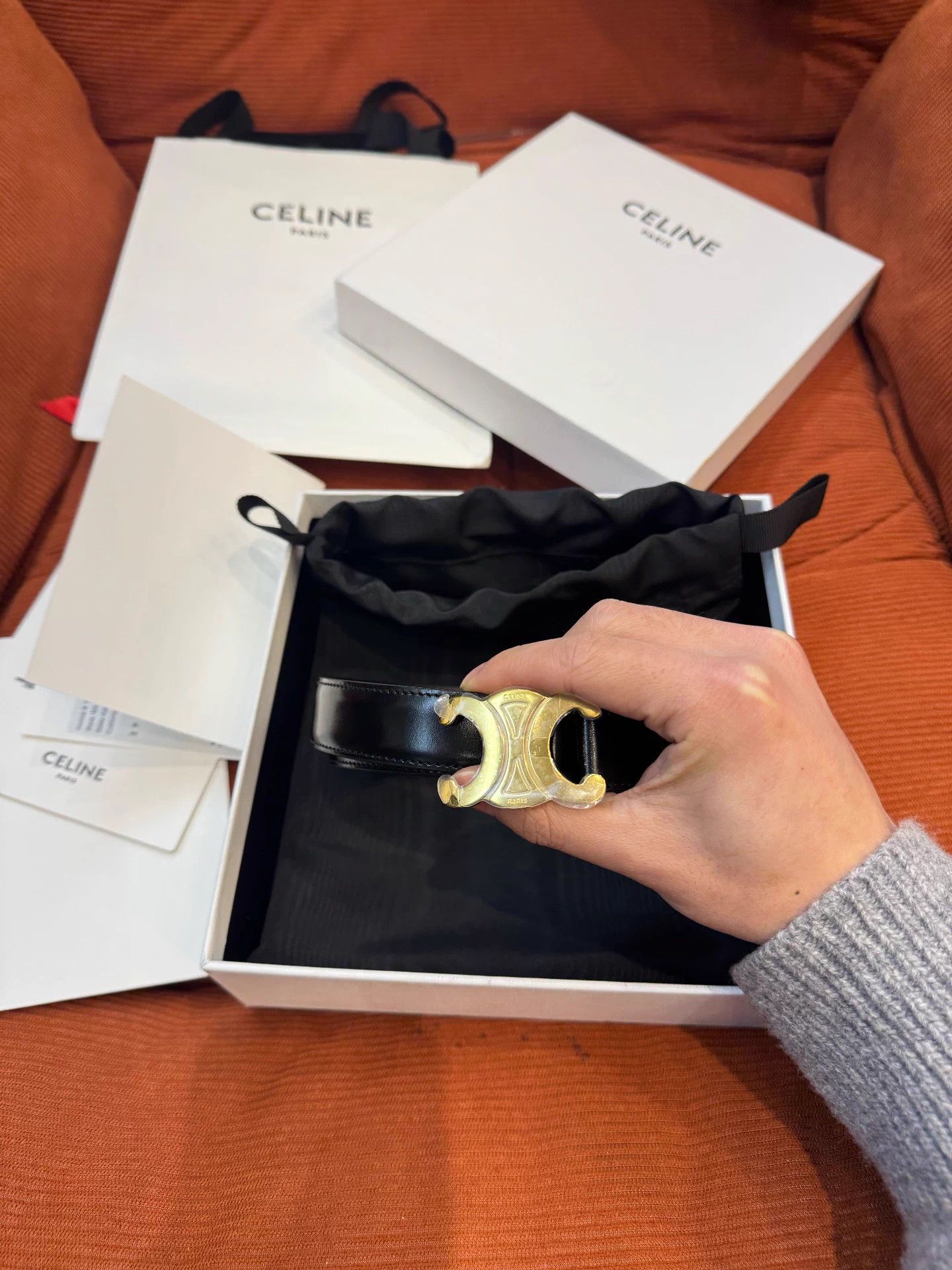 Celine CELINE Triomphe Black Gold Leather Belt 80cm Size ONE SIZE - 1 Thumbnail