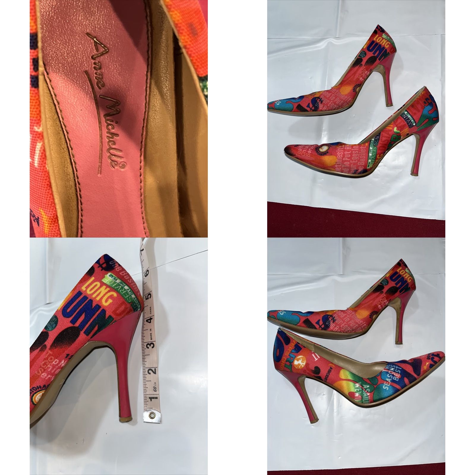 Vintage VINTAGE Anne Michelle Grafitti Word Art Pump Heel 4” Fuel 01 Stiletto Pink 7.5 Womens Shoes Size US 8 / IT 38 - 8 Thumbnail
