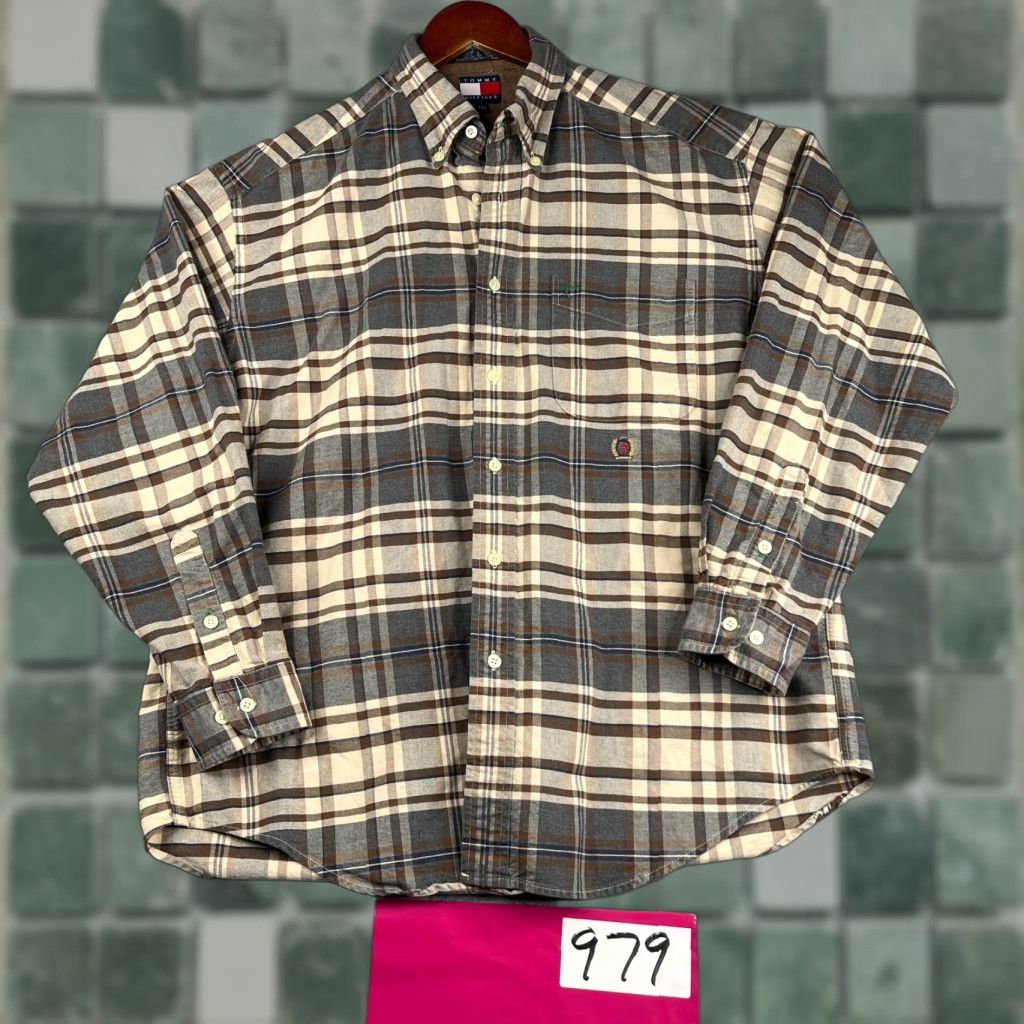 VINTAGE Tommy Hilfiger Shirt Large Pocket Crest Plaid Button Up Long Sleeve Mens